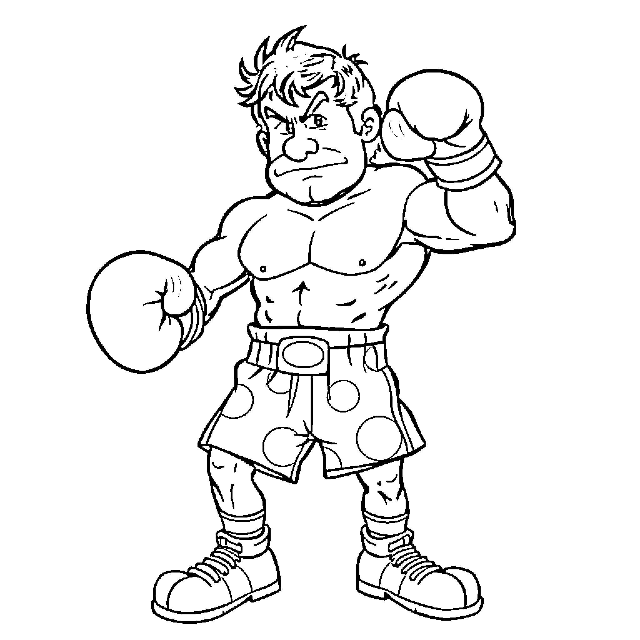 Obelix the Muscular Boxer in Polka Dot Shorts Coloring Page (free black-and-white line drawing printable PDF for all, from beginners to advanced learners, including children, teens, adults, and seniors)