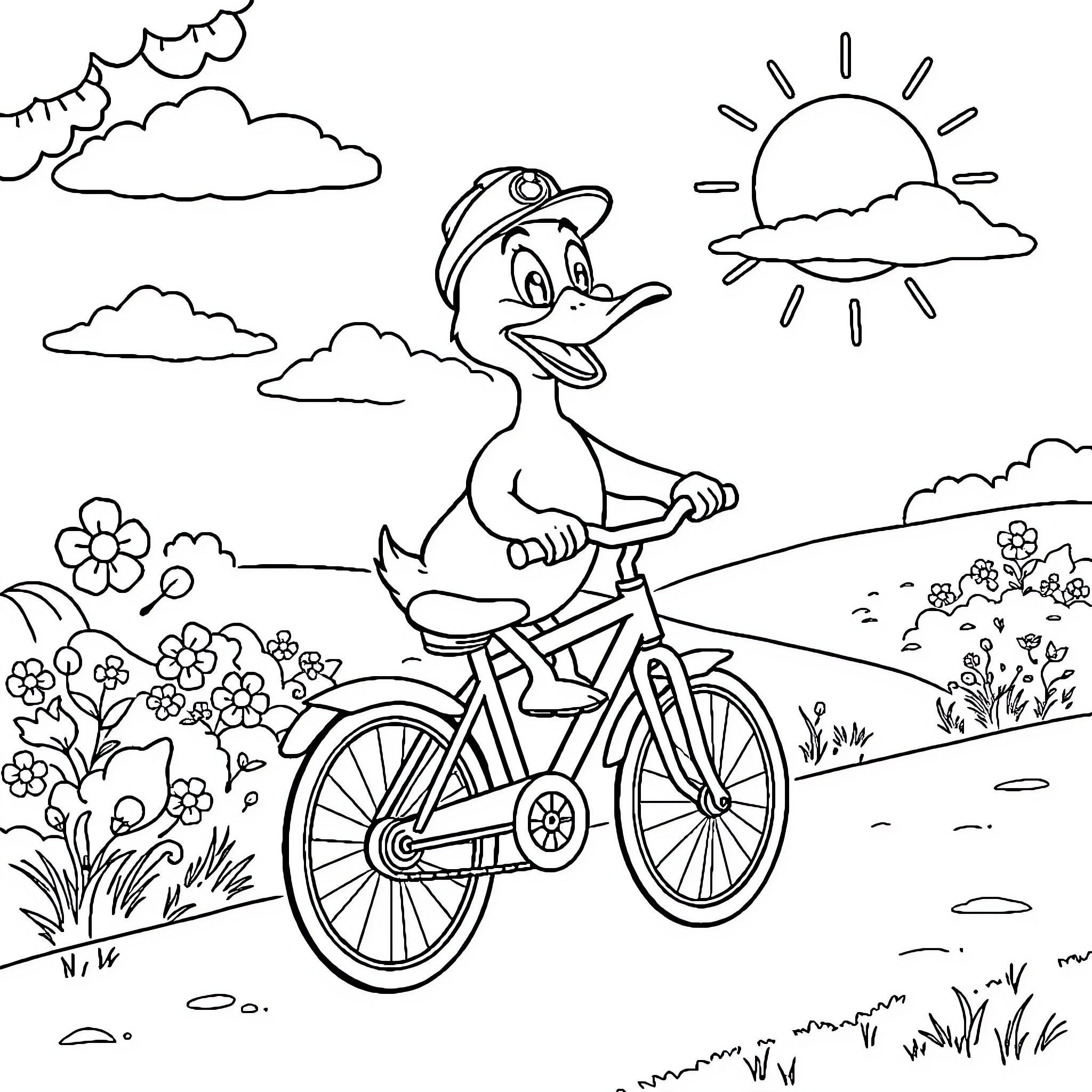 Duck riding a bicycle in the countryside Coloring Page (free black-and-white line drawing printable PDF for all, from beginners to advanced learners, including children, teens, adults, and seniors)
