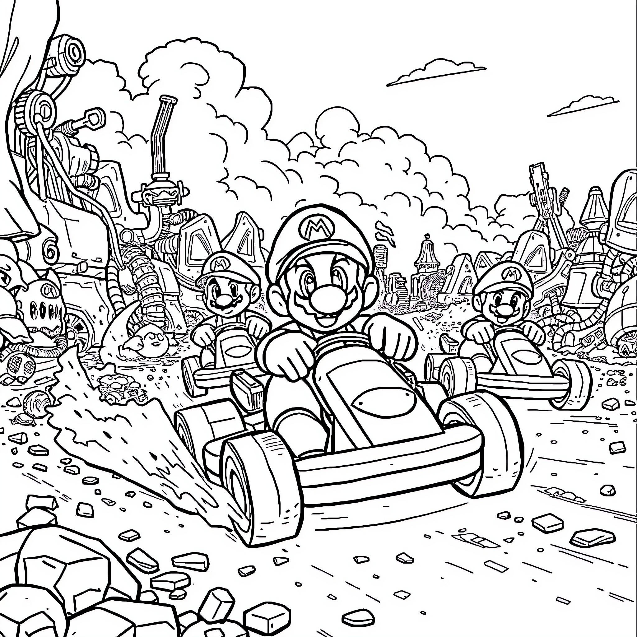Mario's Chaotic Kart Race Through a Fantastical Landscape Coloring Page (free black-and-white line drawing printable PDF for all, from beginners to advanced learners, including children, teens, adults, and seniors)