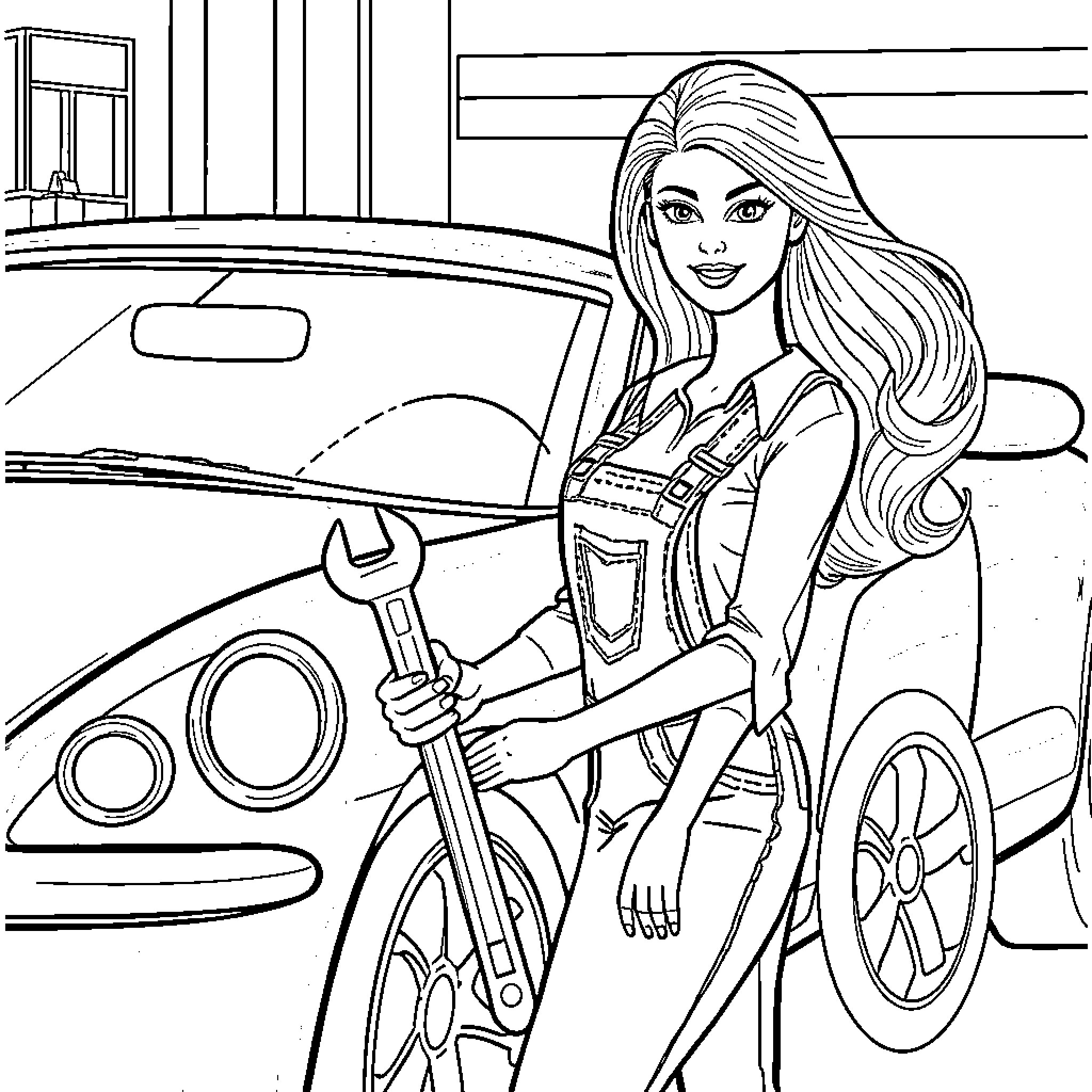 Barbie working on her car Coloring Page (free black-and-white line drawing printable PDF for all, from beginners to advanced learners, including children, teens, adults, and seniors)