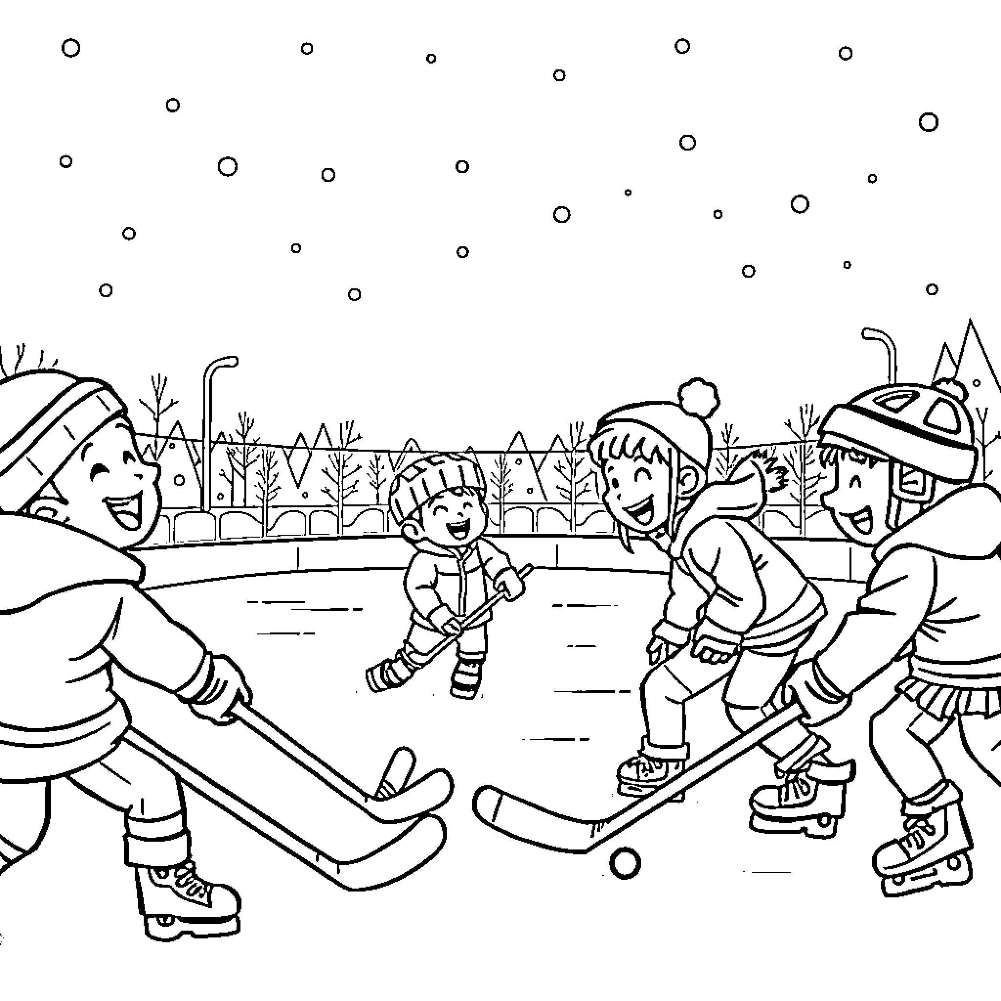 Kids playing hockey on a snowy rink Coloring Page (free black-and-white line drawing printable PDF for all, from beginners to advanced learners, including children, teens, adults, and seniors)