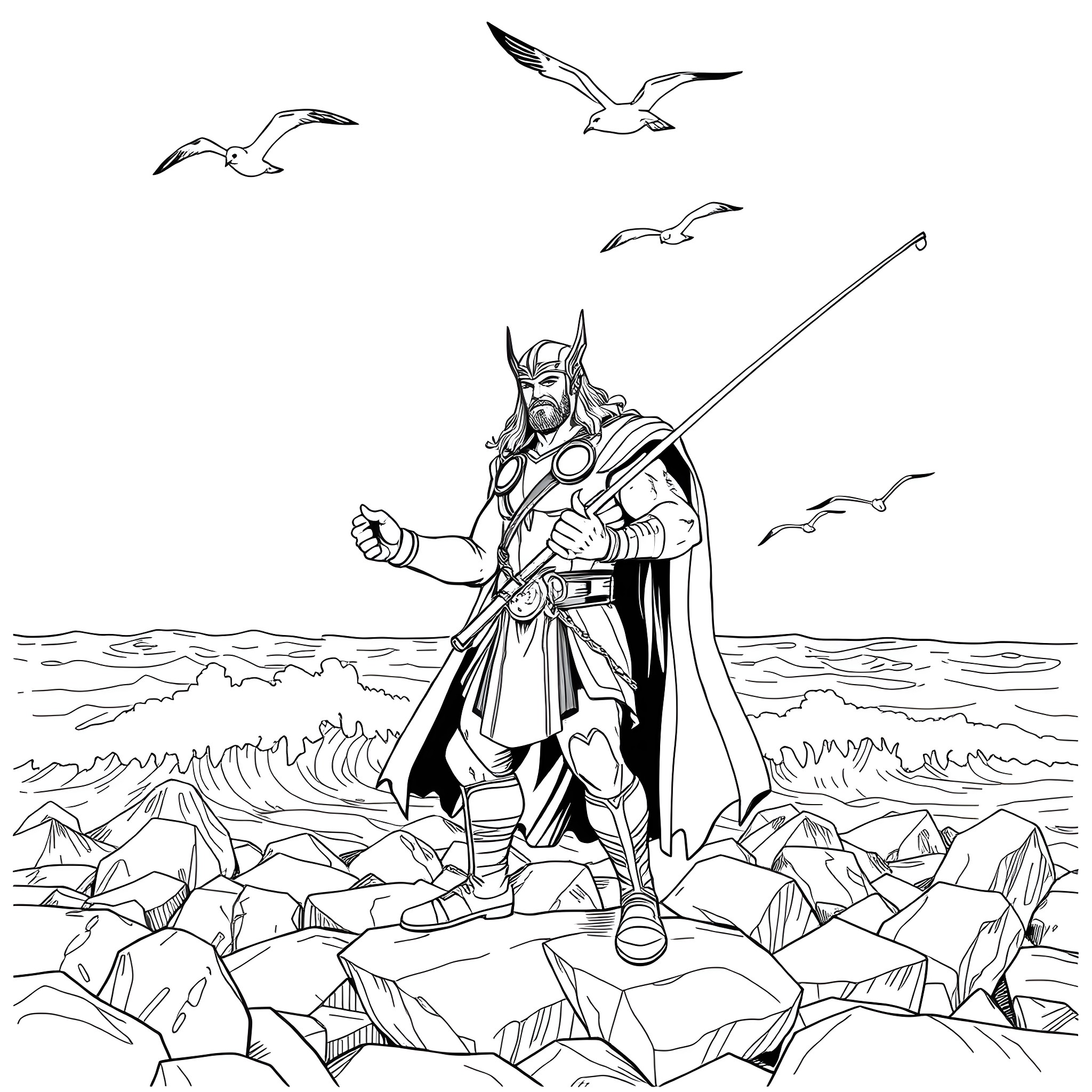 Thor's Mighty Pose Amidst the Crashing Waves Coloring Page (free black-and-white line drawing printable PDF for all, from beginners to advanced learners, including children, teens, adults, and seniors)