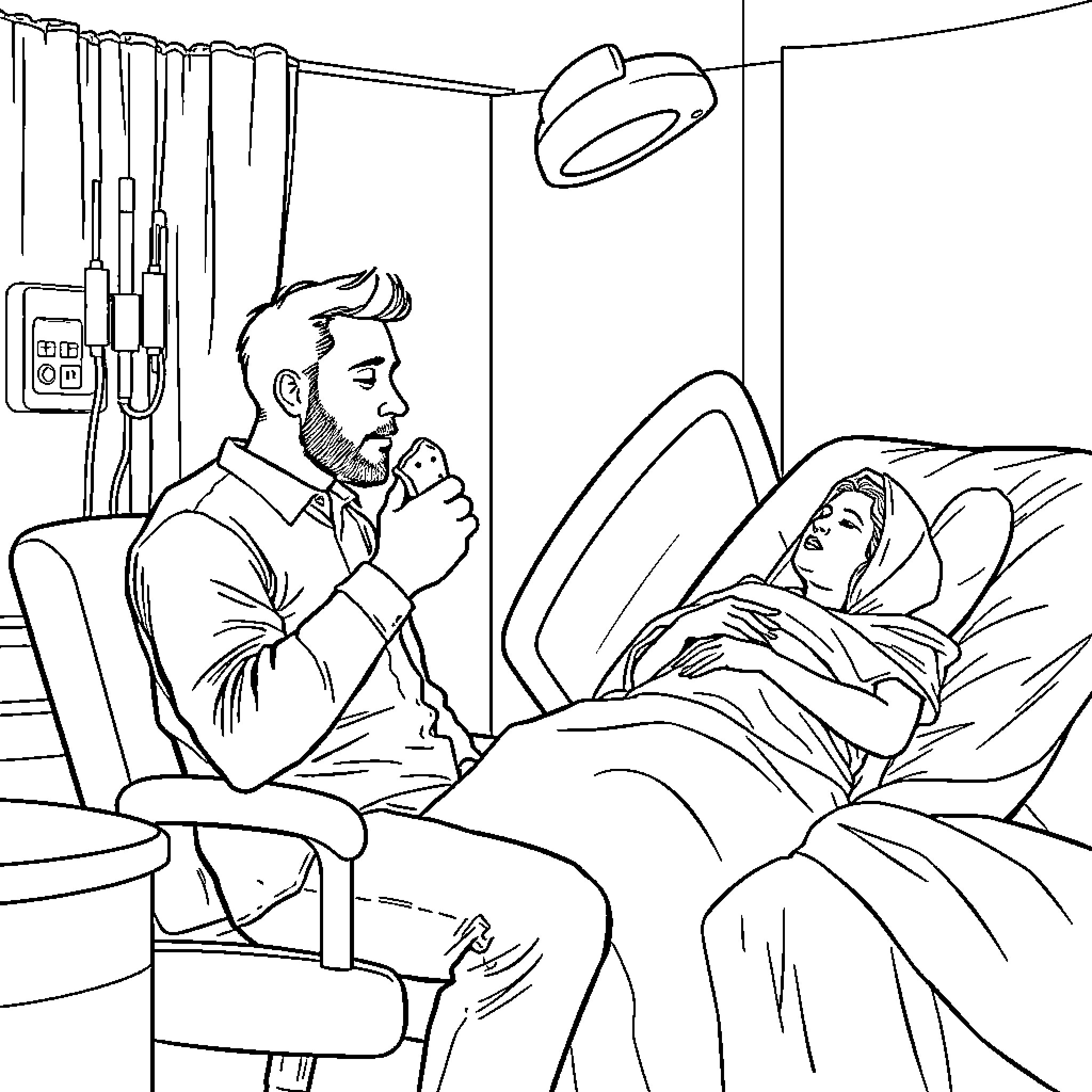 Father comforts patient in hospital bed Coloring Page (free black-and-white line drawing printable PDF for all, from beginners to advanced learners, including children, teens, adults, and seniors)
