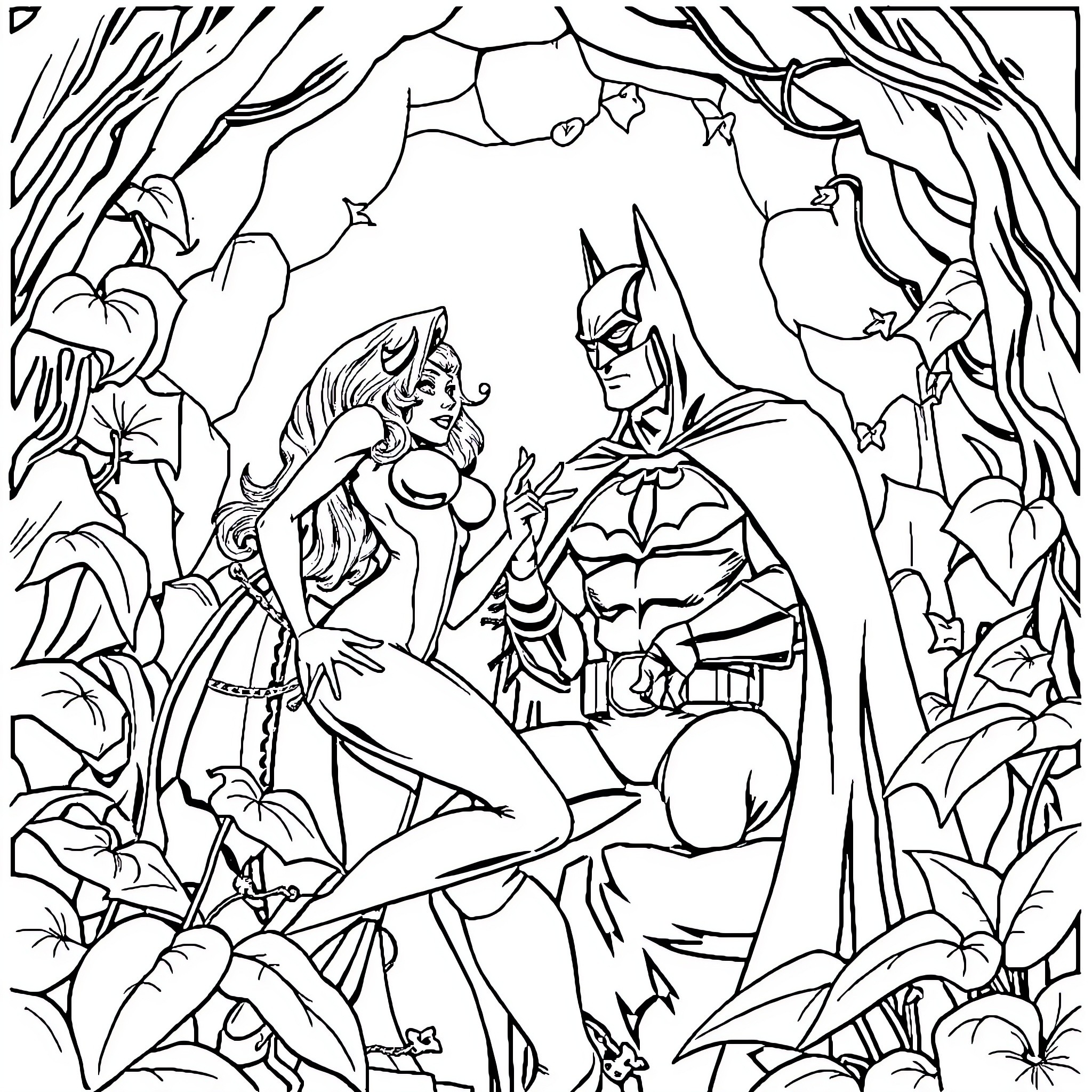 Poison Ivy and Batman in the Jungle Coloring Page (free black-and-white line drawing printable PDF for all, from beginners to advanced learners, including children, teens, adults, and seniors)