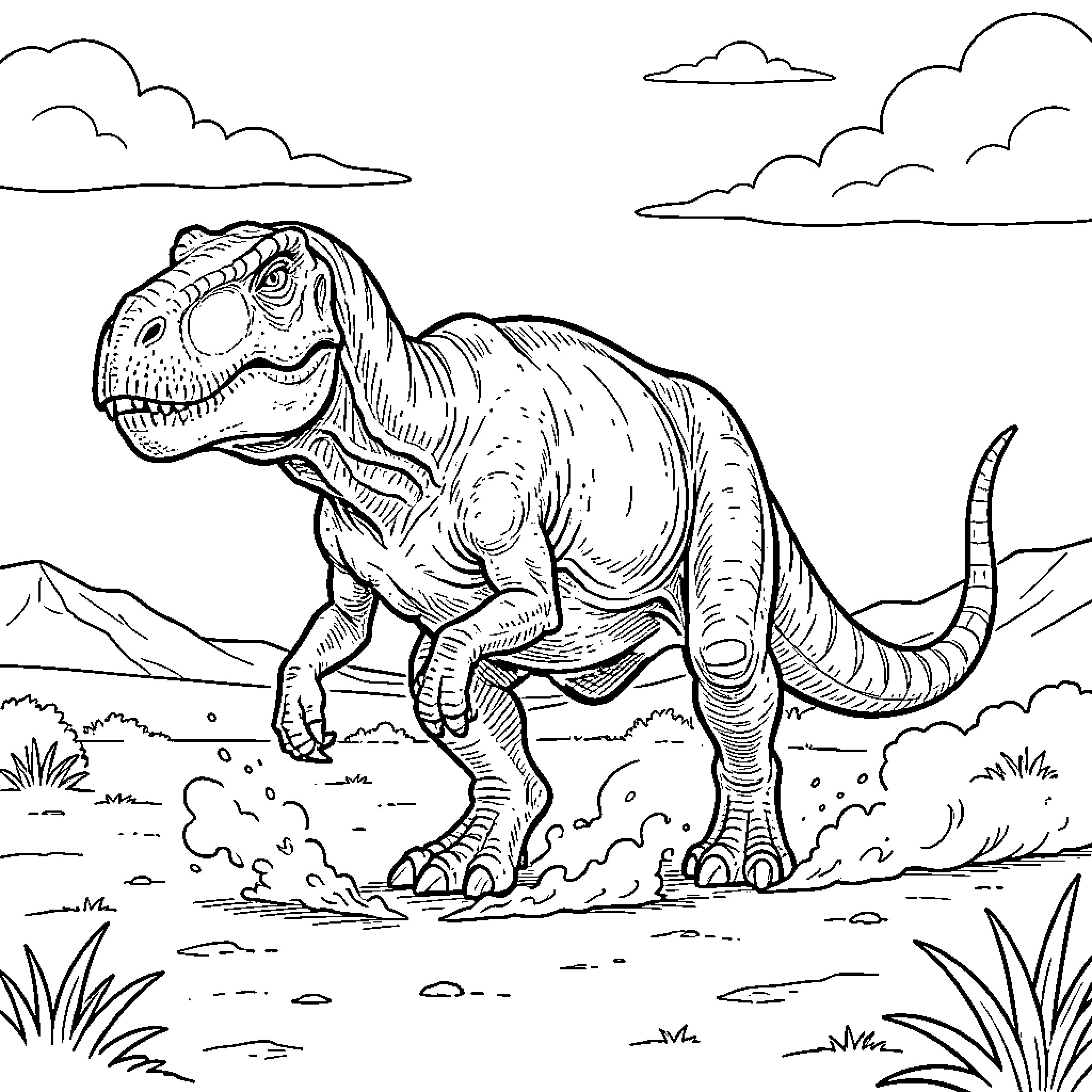 Carnotosaurus walking through a prehistoric landscape Coloring Page (free black-and-white line drawing printable PDF for all, from beginners to advanced learners, including children, teens, adults, and seniors)