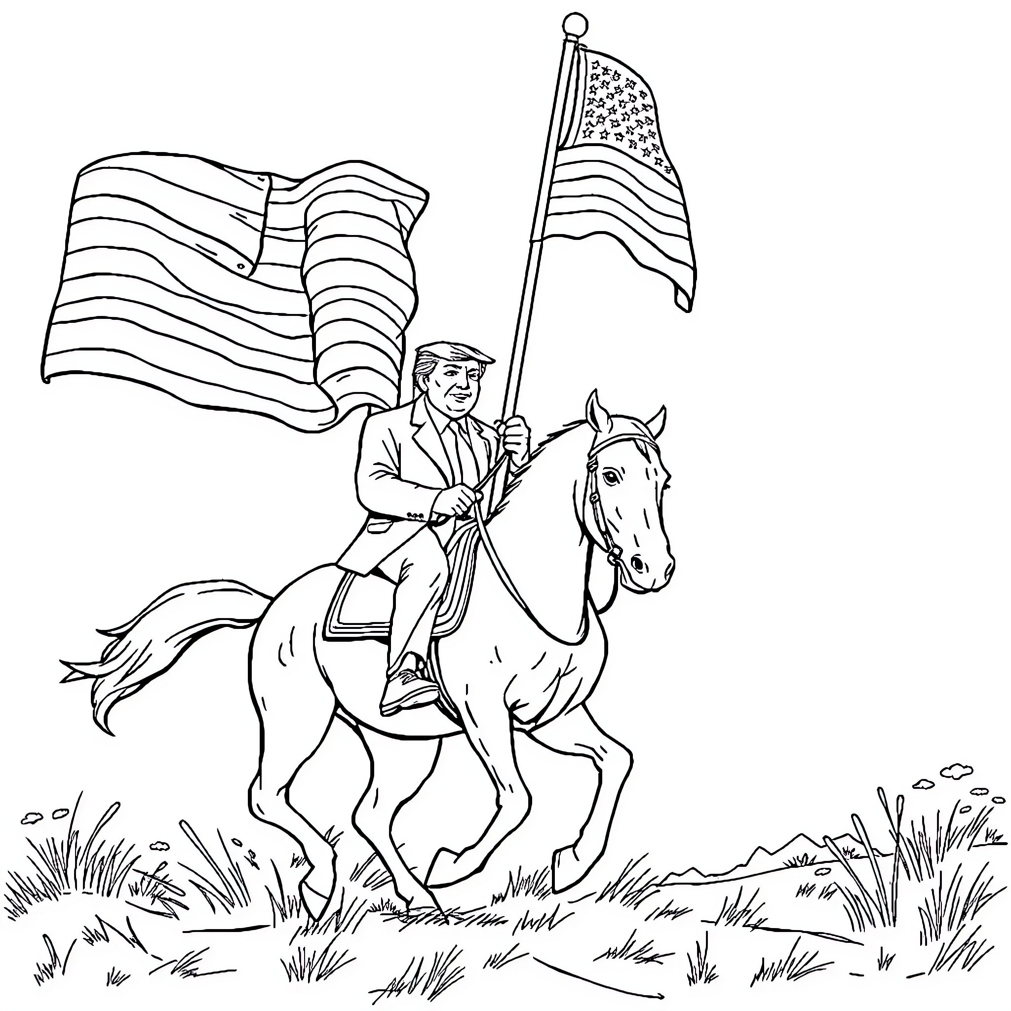 Donald Trump riding horse with American flag Coloring Page (free black-and-white line drawing printable PDF for all, from beginners to advanced learners, including children, teens, adults, and seniors)