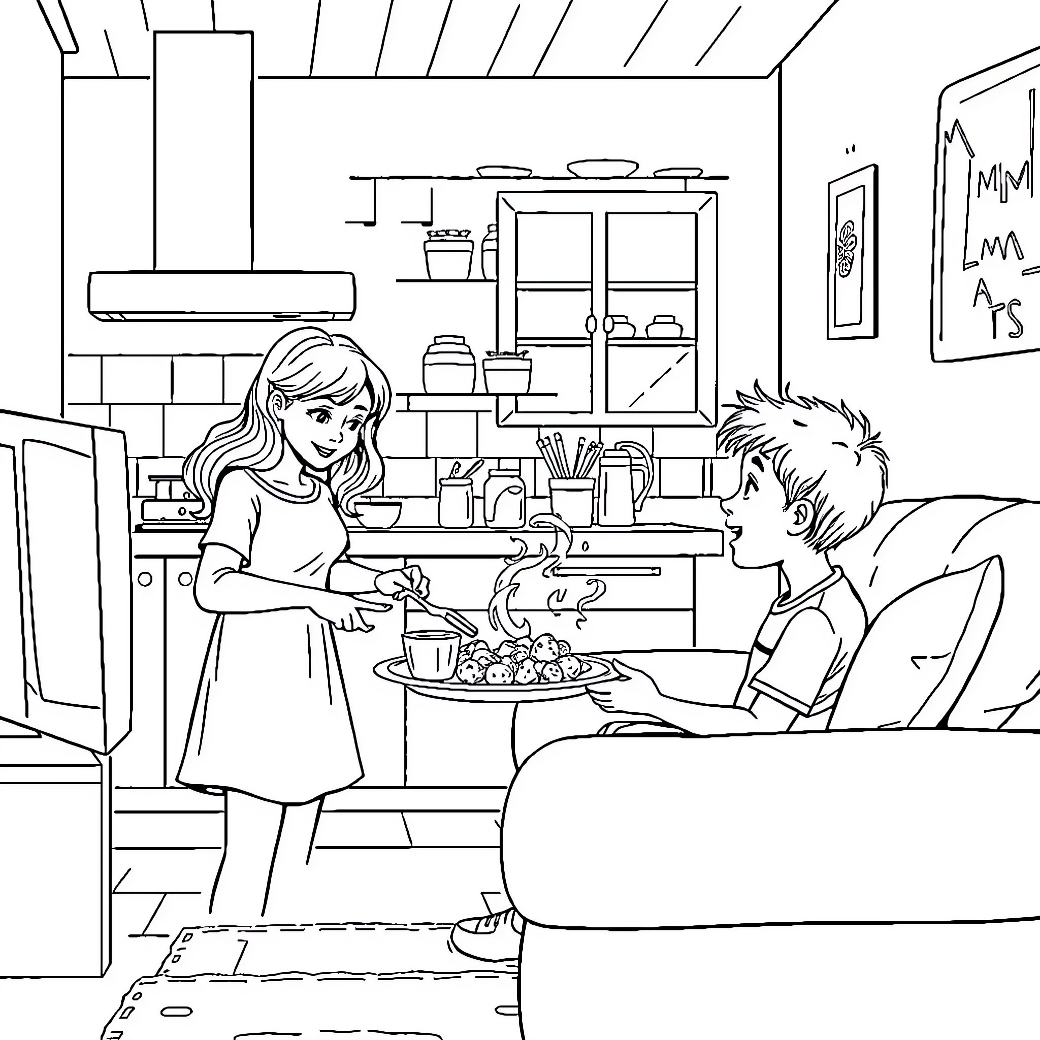 Mom serving a healthy meal to her child Coloring Page (free black-and-white line drawing printable PDF for all, from beginners to advanced learners, including children, teens, adults, and seniors)