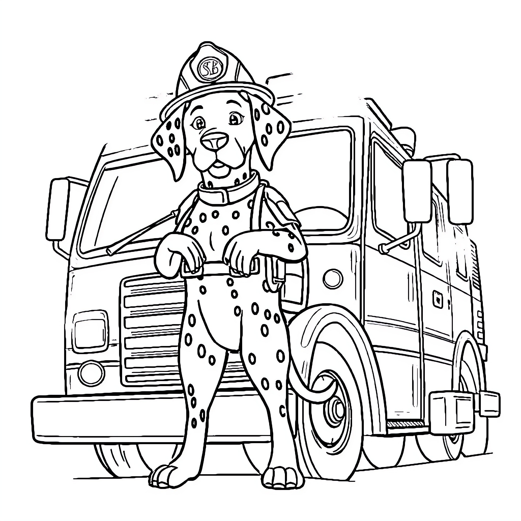 Dalmatian firefighter dog beside fire truck Coloring Page (free black-and-white line drawing printable PDF for all, from beginners to advanced learners, including children, teens, adults, and seniors)