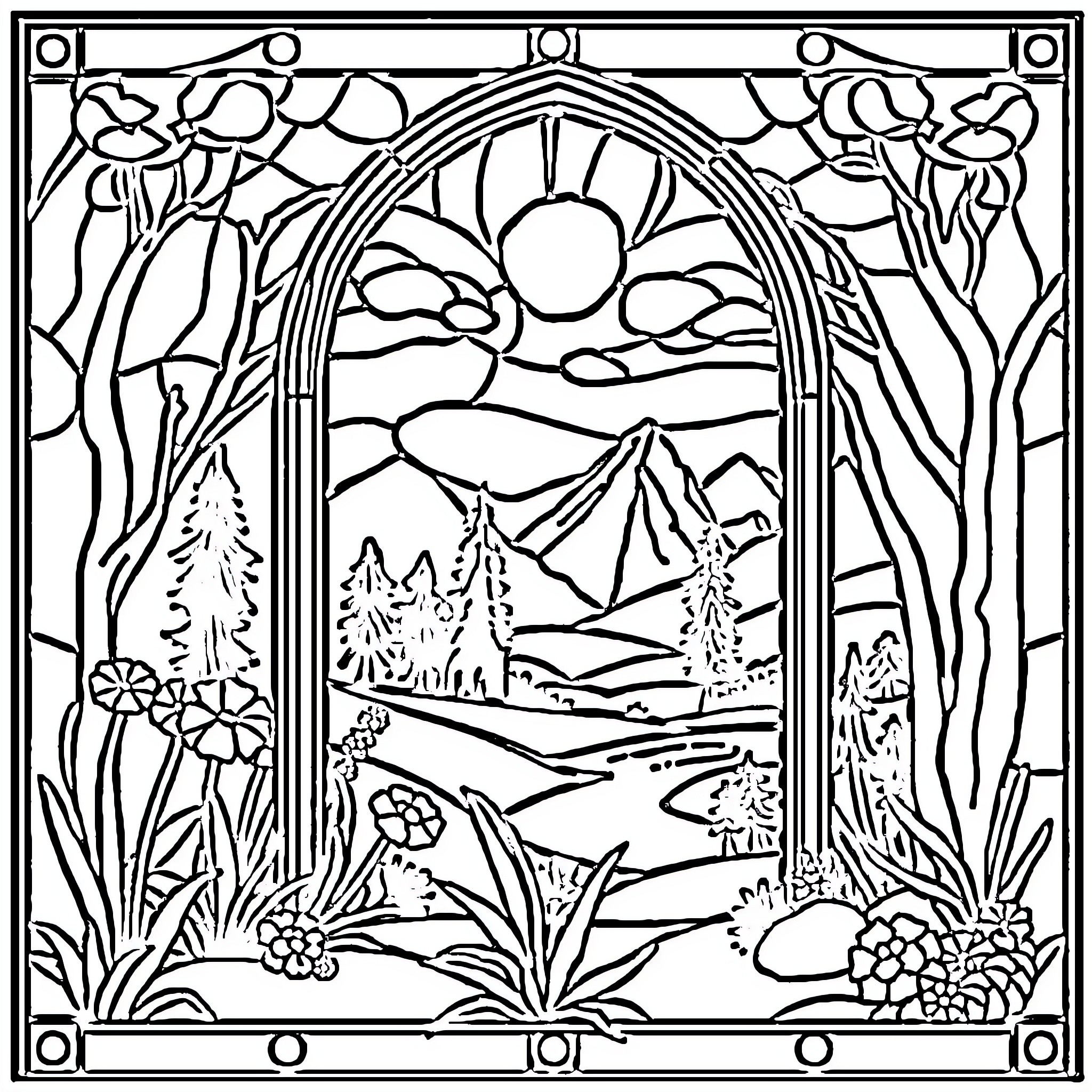 Stained Glass Depicting Scenic Landscape and Nature Coloring Page (free black-and-white line drawing printable PDF for all, from beginners to advanced learners, including children, teens, adults, and seniors)