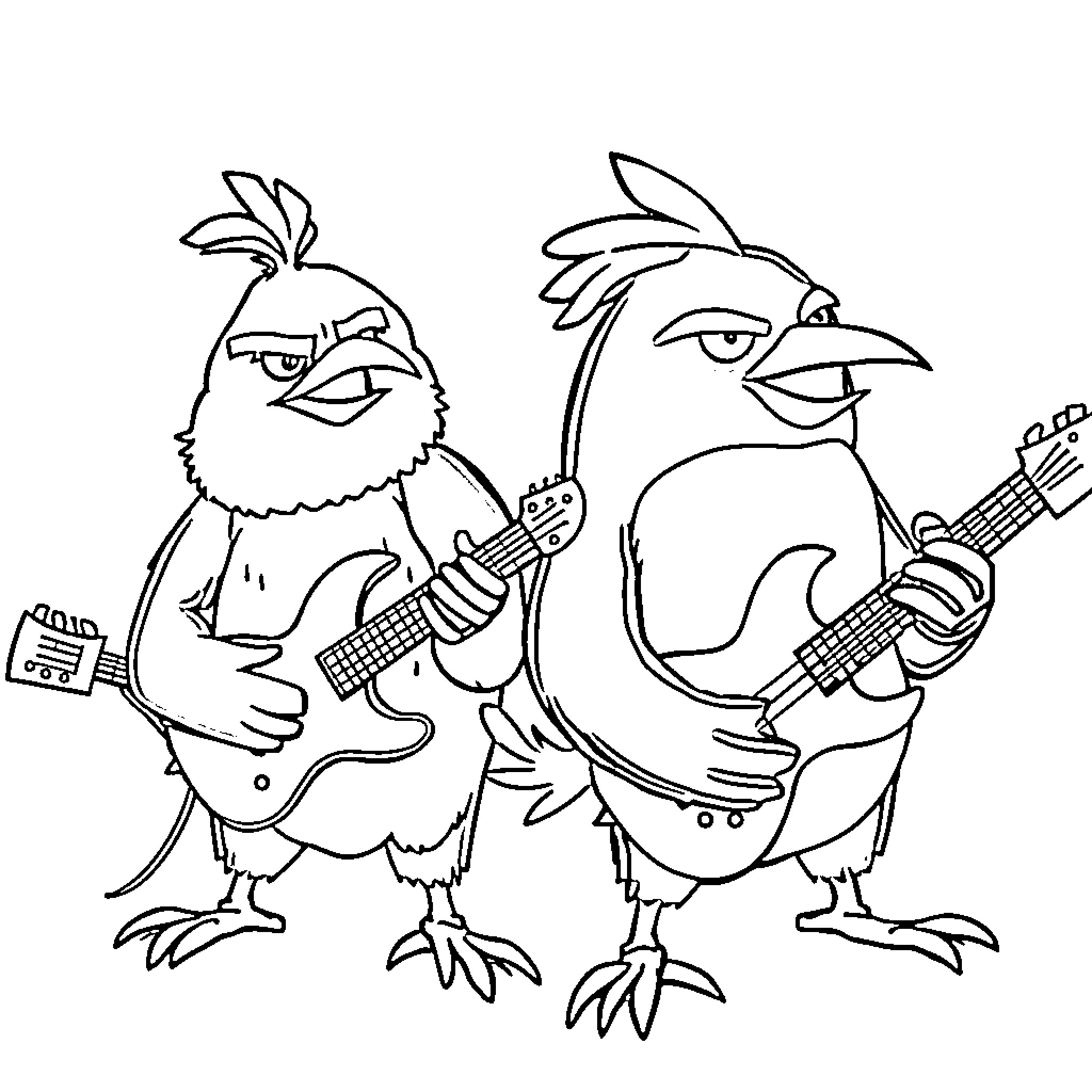Birds strumming guitars in a lively scene Coloring Page (free black-and-white line drawing printable PDF for all, from beginners to advanced learners, including children, teens, adults, and seniors)