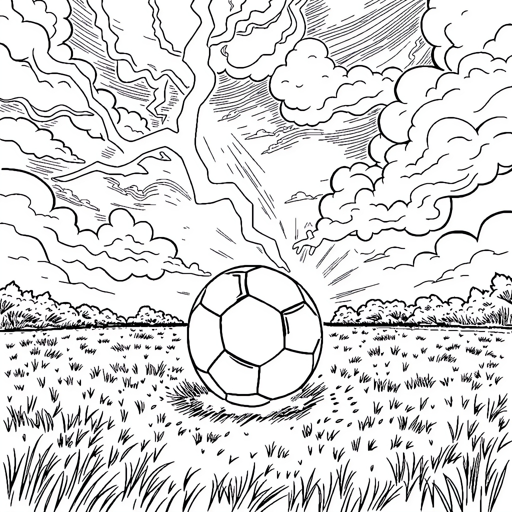Soccer Ball in Stormy Field Coloring Page (free black-and-white line drawing printable PDF for all, from beginners to advanced learners, including children, teens, adults, and seniors)