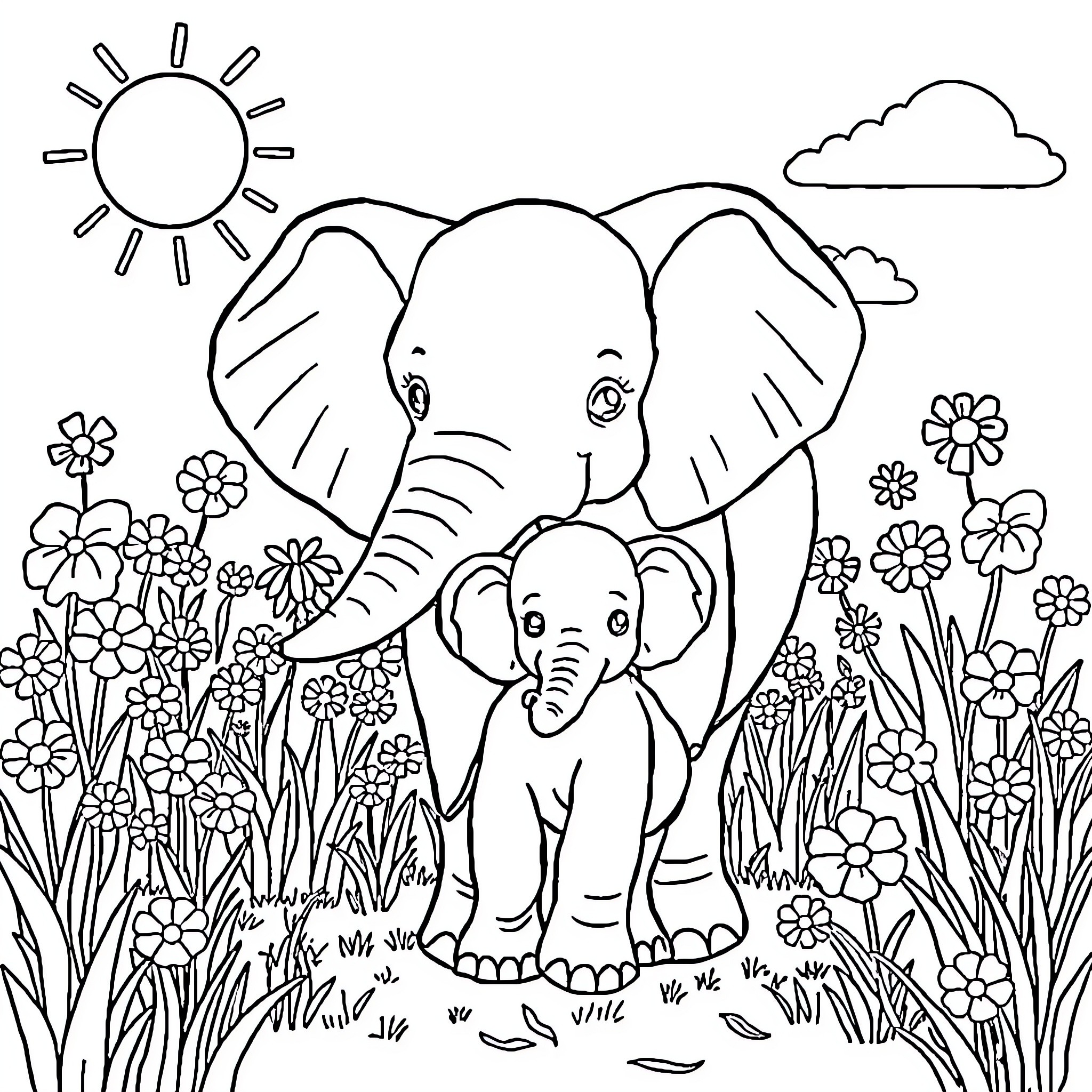 Elephant and its baby in a floral field Coloring Page (free black-and-white line drawing printable PDF for all, from beginners to advanced learners, including children, teens, adults, and seniors)