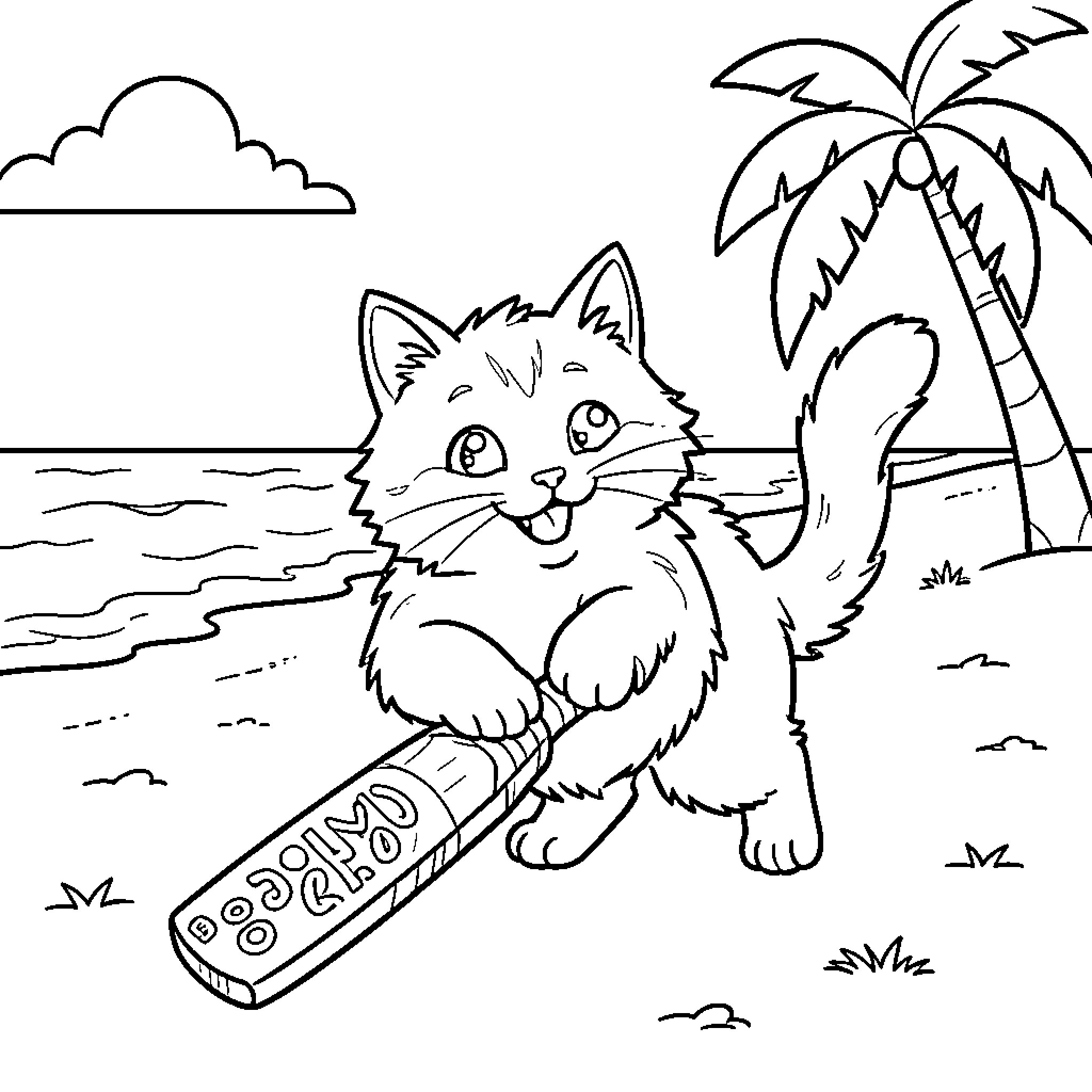 Cat enjoying a day at the beach Coloring Page (free black-and-white line drawing printable PDF for all, from beginners to advanced learners, including children, teens, adults, and seniors)