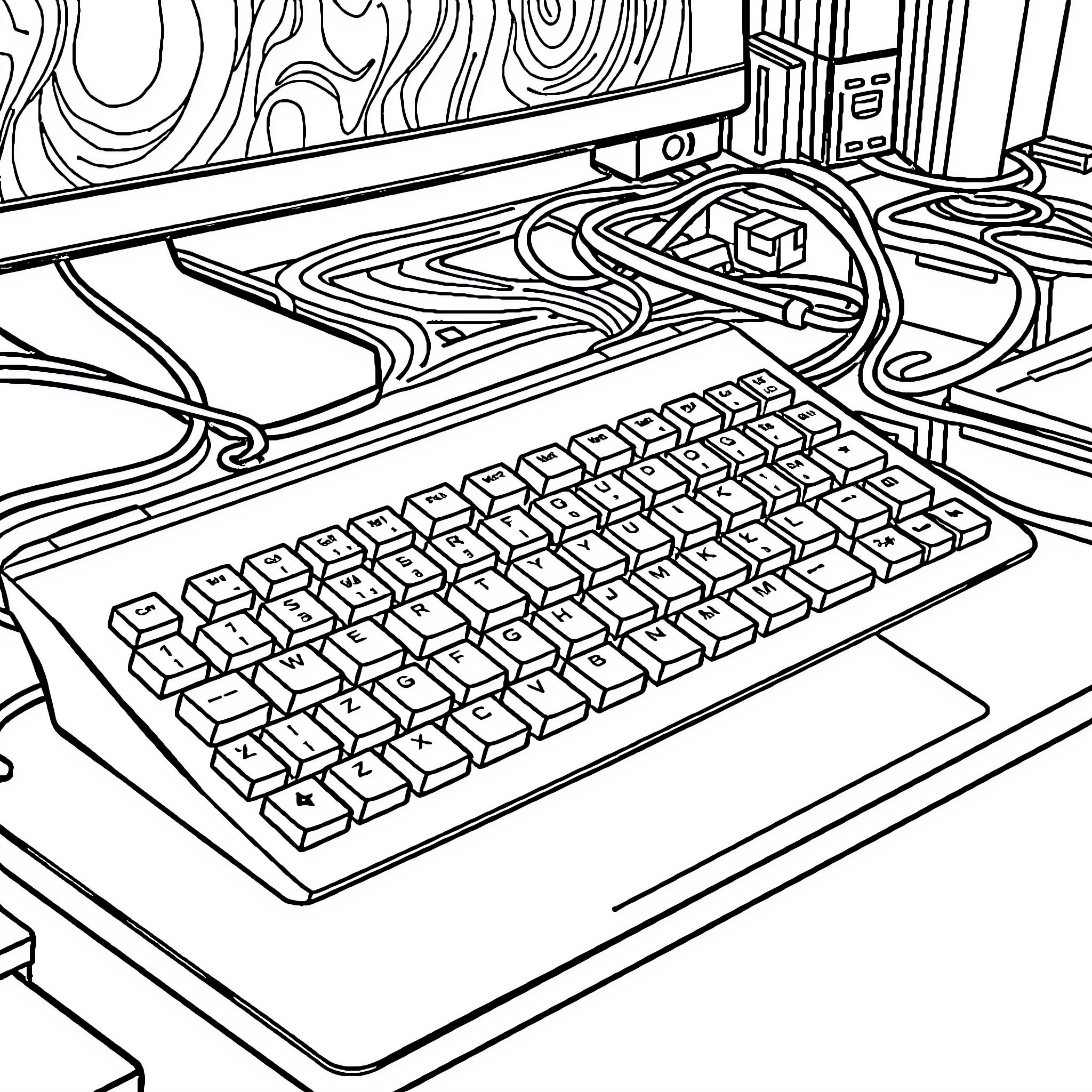 Keyboard on a Workspace Coloring Page (free black-and-white line drawing printable PDF for all, from beginners to advanced learners, including children, teens, adults, and seniors)
