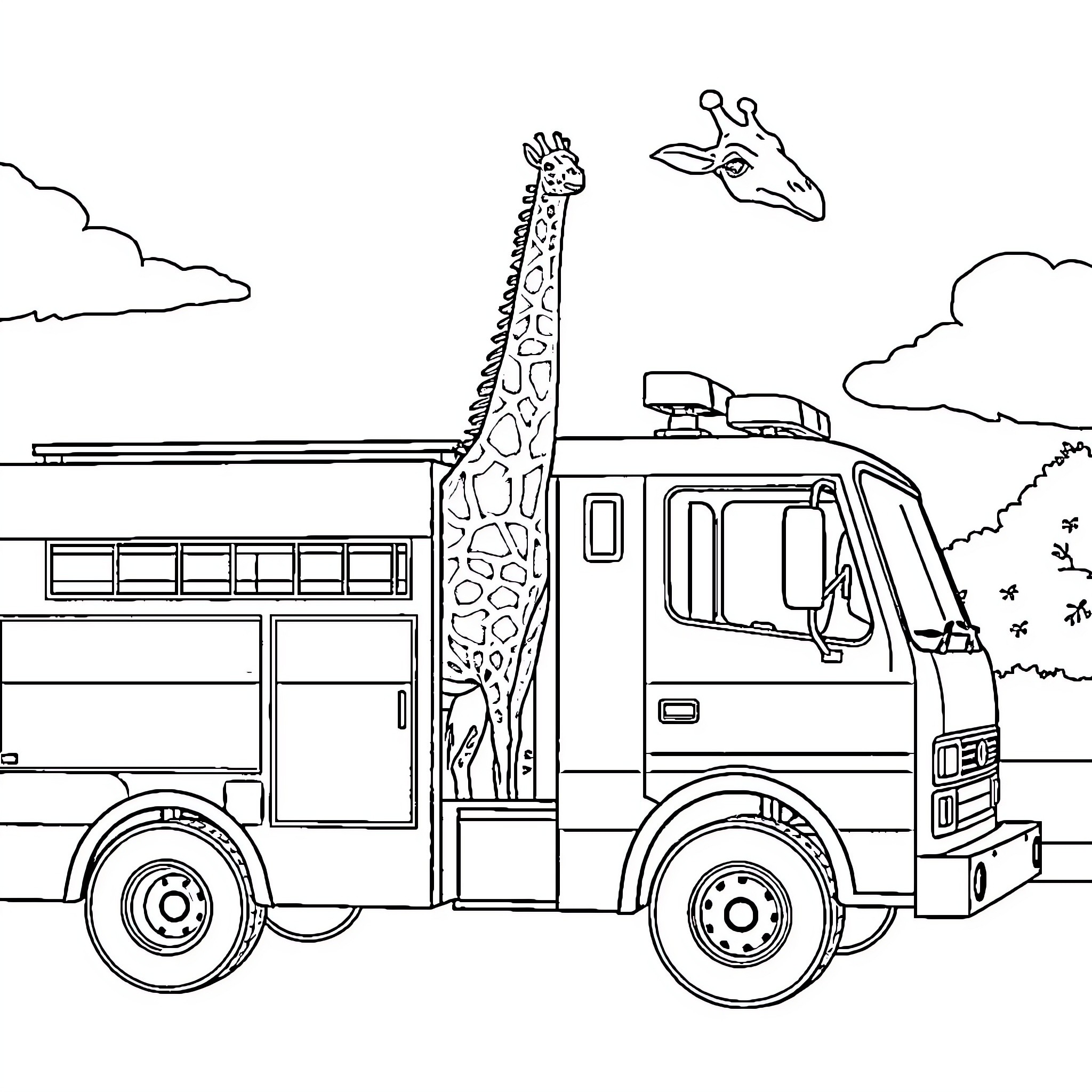 Giraffe riding on a fire truck Coloring Page (free black-and-white line drawing printable PDF for all, from beginners to advanced learners, including children, teens, adults, and seniors)