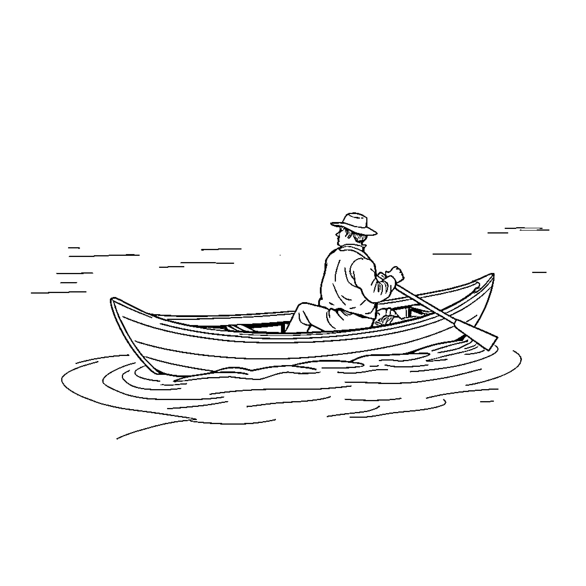 Fisherman rowing a small boat on the water Coloring Page (free black-and-white line drawing printable PDF for all, from beginners to advanced learners, including children, teens, adults, and seniors)