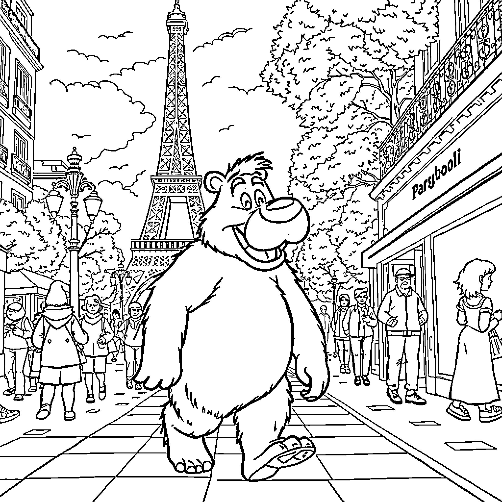 Baloo explores the bustling streets of Paris Coloring Page (free black-and-white line drawing printable PDF for all, from beginners to advanced learners, including children, teens, adults, and seniors)