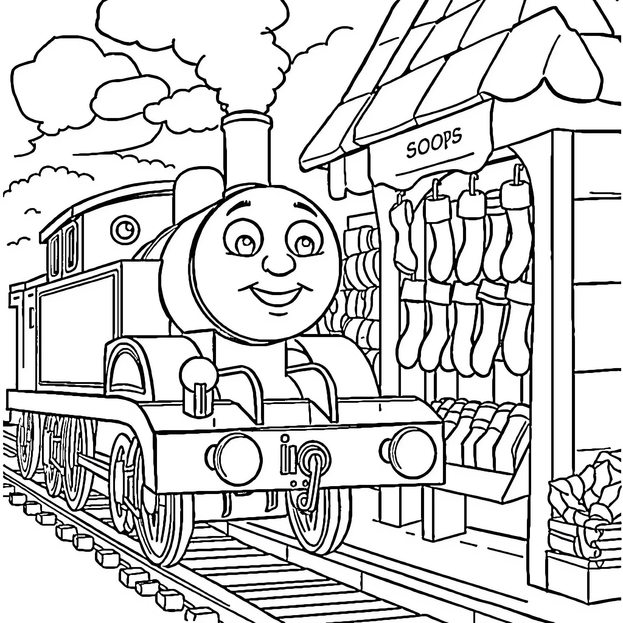 Thomas the Train Enjoying a Snowy Day Coloring Page (free black-and-white line drawing printable PDF for all, from beginners to advanced learners, including children, teens, adults, and seniors)