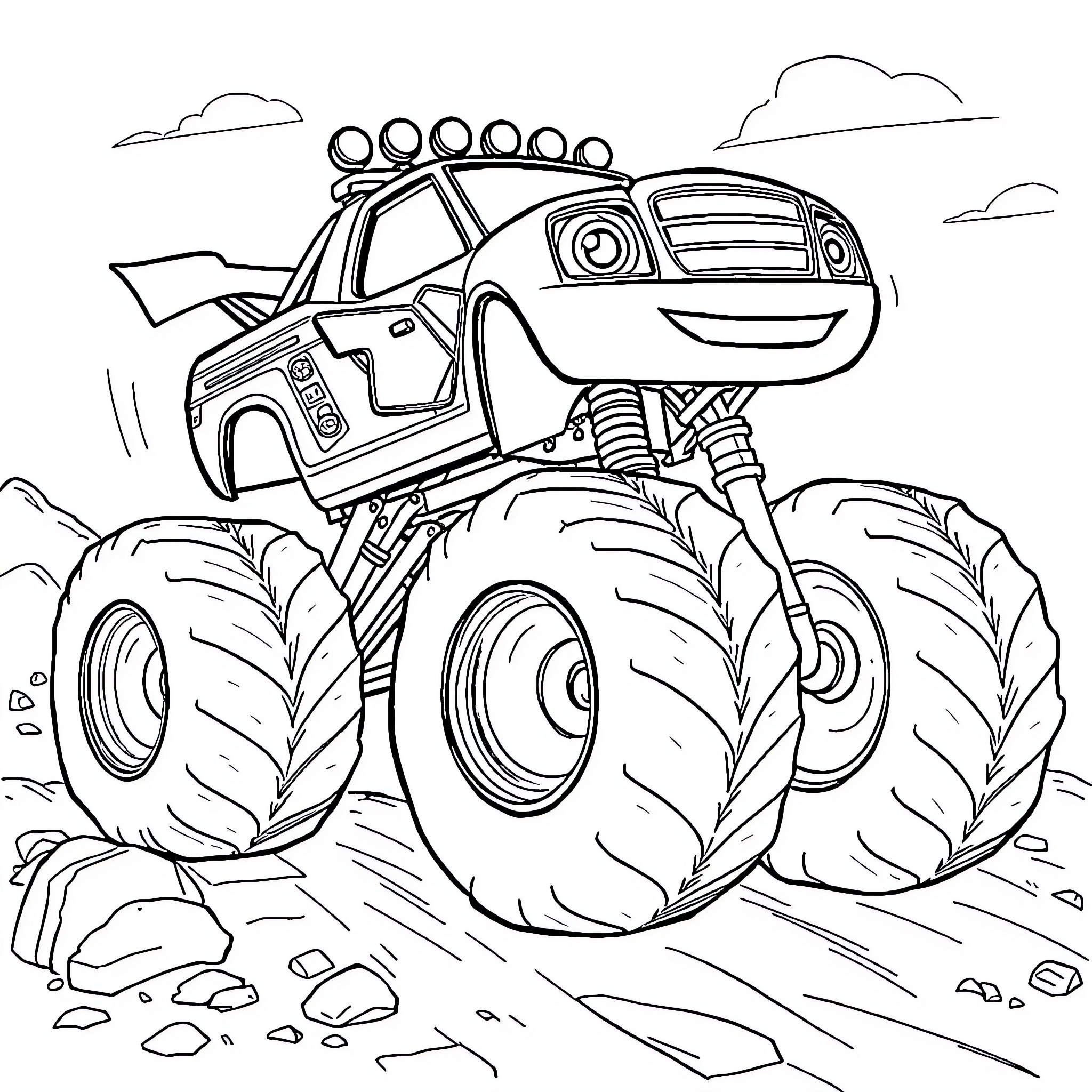 Blaze's Exciting Monster Truck Adventure Coloring Page (free black-and-white line drawing printable PDF for all, from beginners to advanced learners, including children, teens, adults, and seniors)