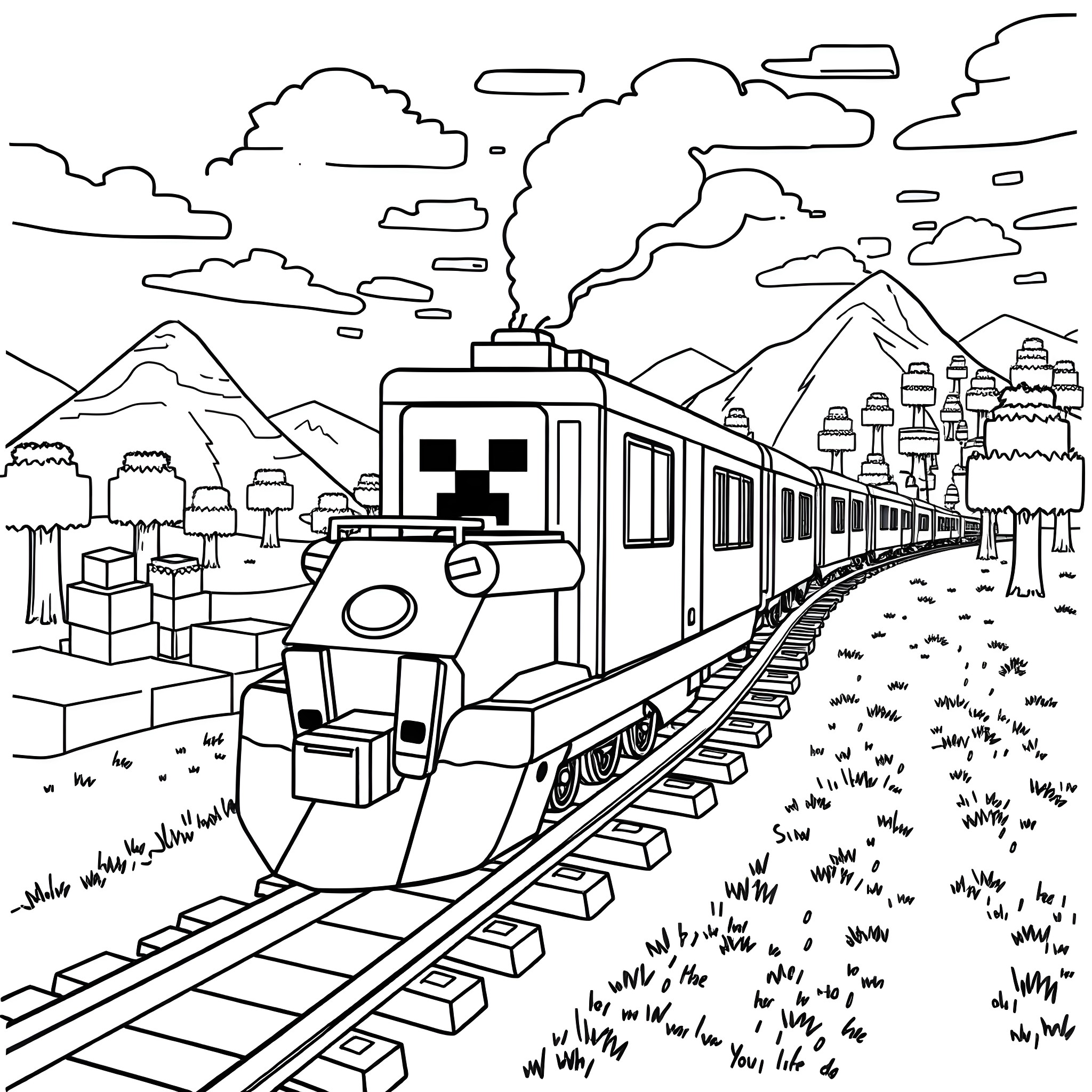 Creeper riding a train through the countryside Coloring Page (free black-and-white line drawing printable PDF for all, from beginners to advanced learners, including children, teens, adults, and seniors)