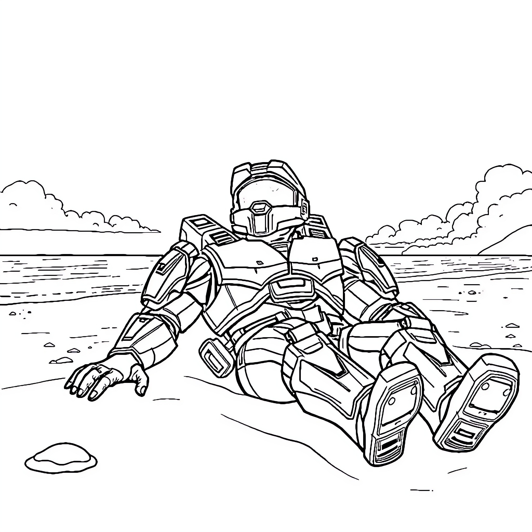 Master Chief kneeling on a sandy beach Coloring Page (free black-and-white line drawing printable PDF for all, from beginners to advanced learners, including children, teens, adults, and seniors)