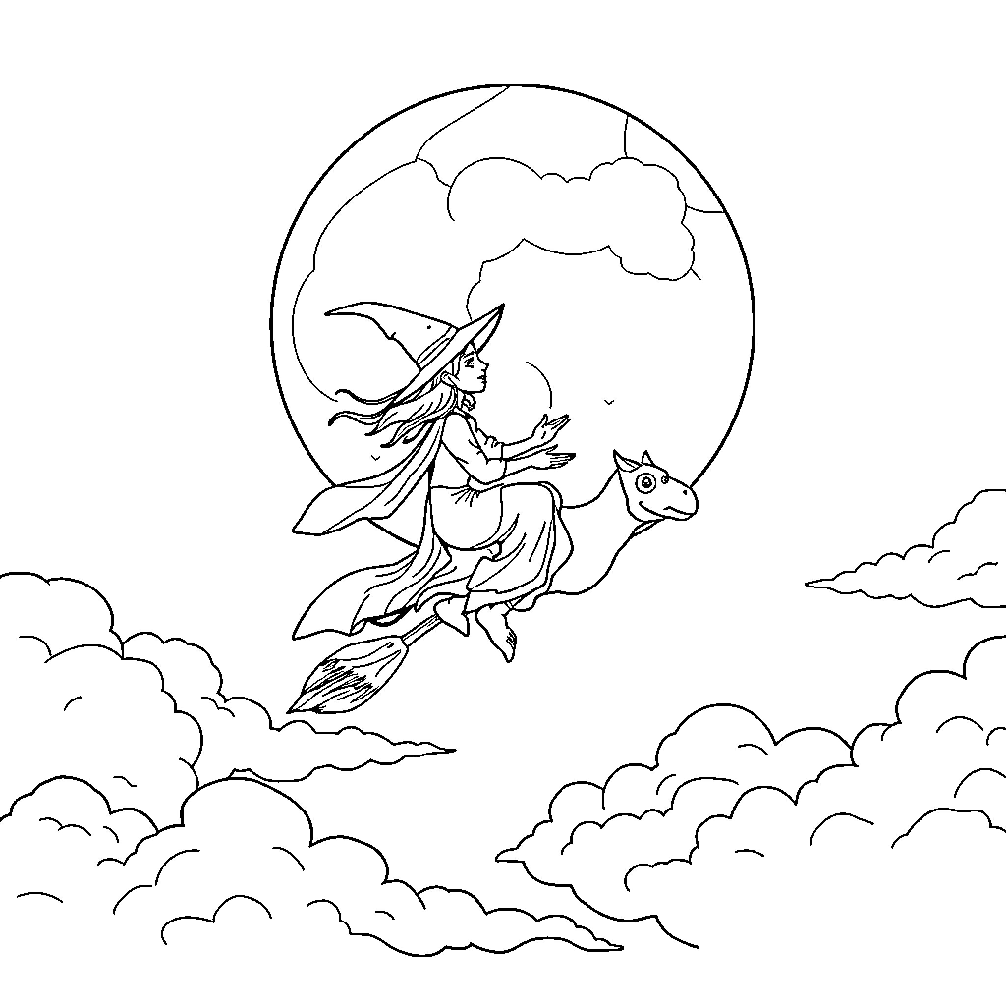 Witch riding a broom with a black cat in the night sky Coloring Page (free black-and-white line drawing printable PDF for all, from beginners to advanced learners, including children, teens, adults, and seniors)