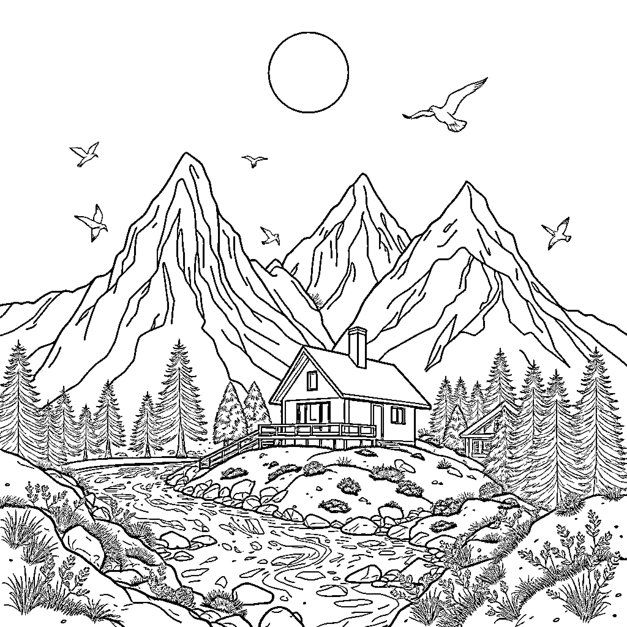 House amidst the majestic mountains and serene nature Coloring Page (free black-and-white line drawing printable PDF for all, from beginners to advanced learners, including children, teens, adults, and seniors)