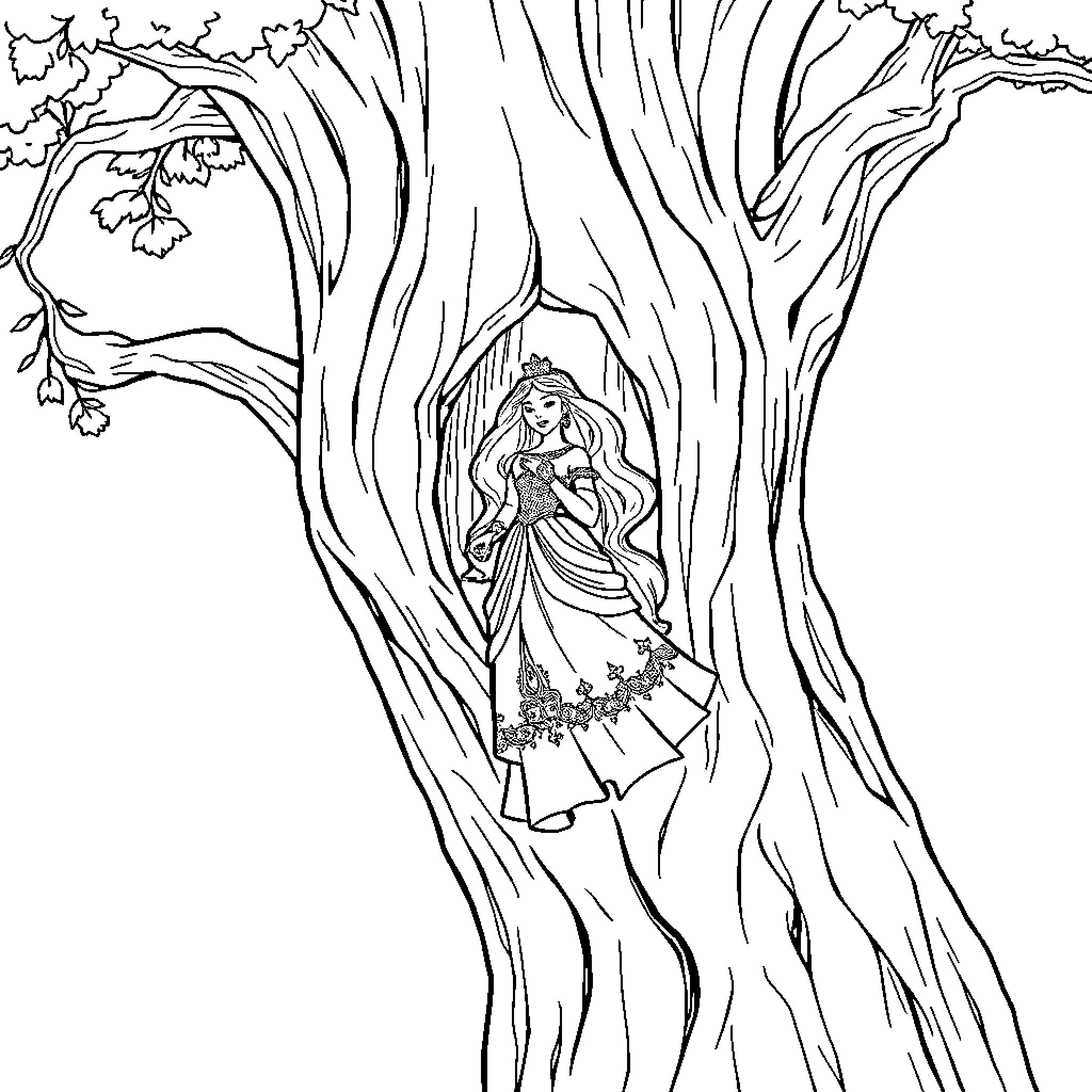 Princess in Enchanted Forest Coloring Page (free black-and-white line drawing printable PDF for all, from beginners to advanced learners, including children, teens, adults, and seniors)
