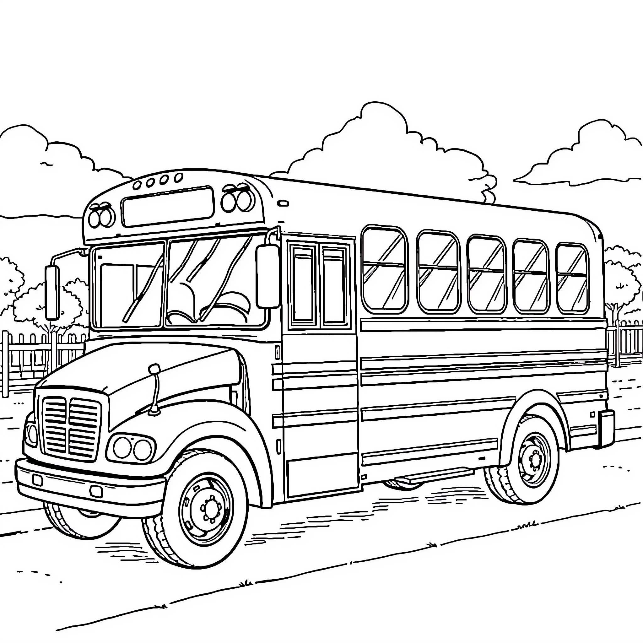 School Bus Transporting Students in Countryside Coloring Page (free black-and-white line drawing printable PDF for all, from beginners to advanced learners, including children, teens, adults, and seniors)