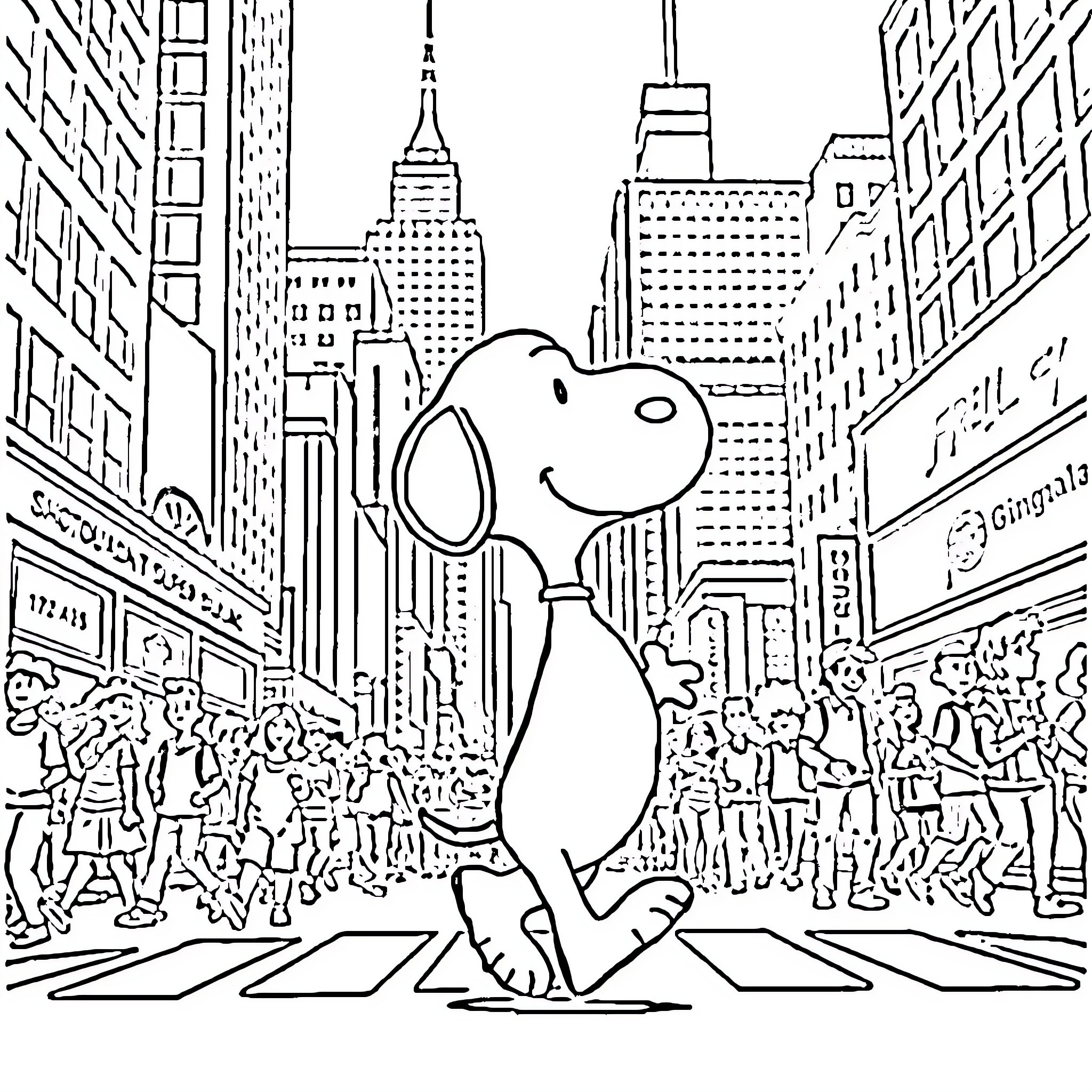 Snoopy walking through a bustling city street Coloring Page (free black-and-white line drawing printable PDF for all, from beginners to advanced learners, including children, teens, adults, and seniors)