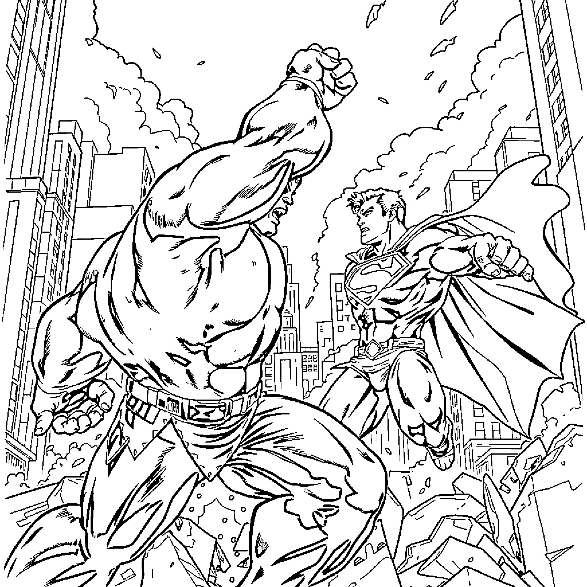 Hulk Battling Powerful Adversary in Destructive City Clash Coloring Page (free black-and-white line drawing printable PDF for all, from beginners to advanced learners, including children, teens, adults, and seniors)