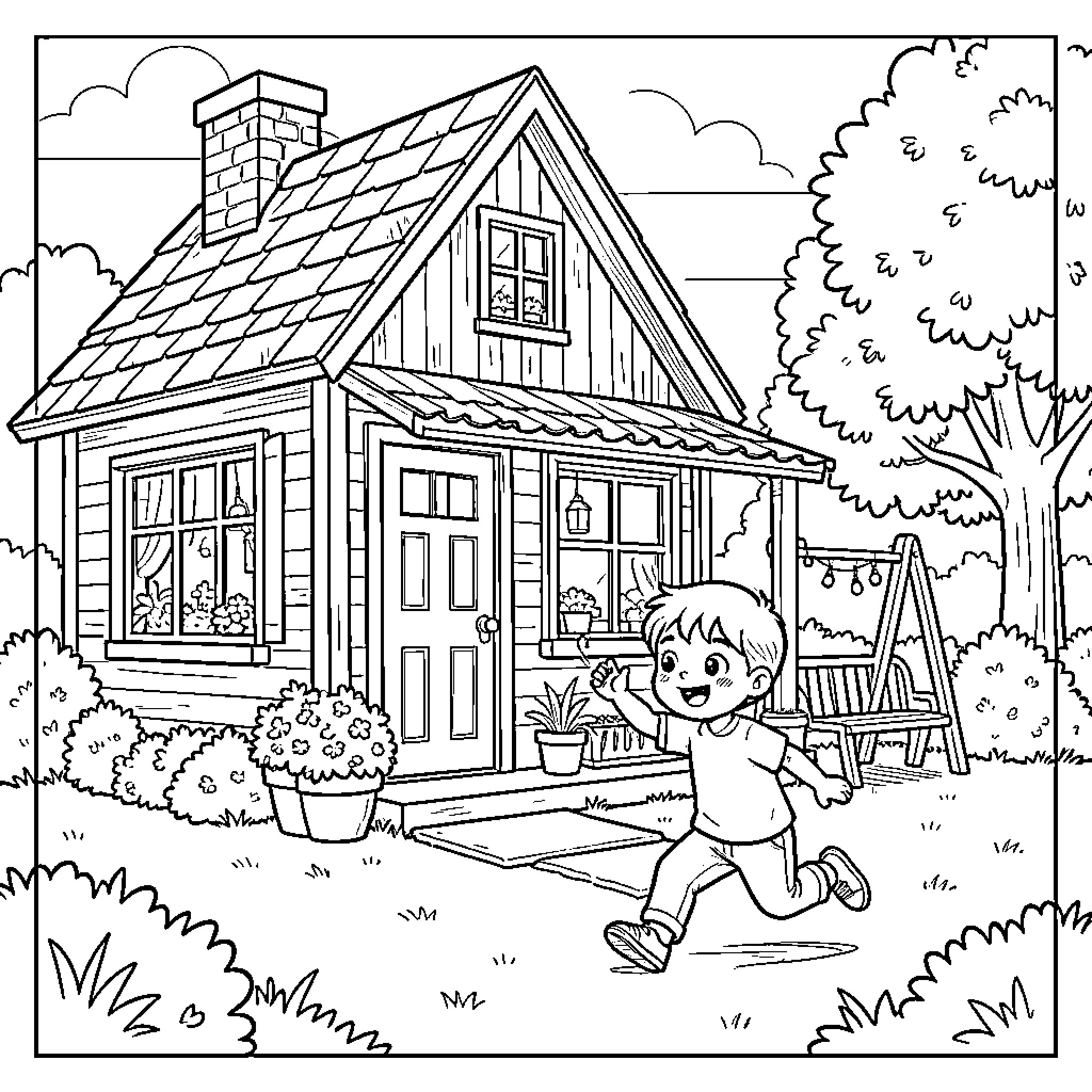 Home scene with a happy boy running outside Coloring Page (free black-and-white line drawing printable PDF for all, from beginners to advanced learners, including children, teens, adults, and seniors)