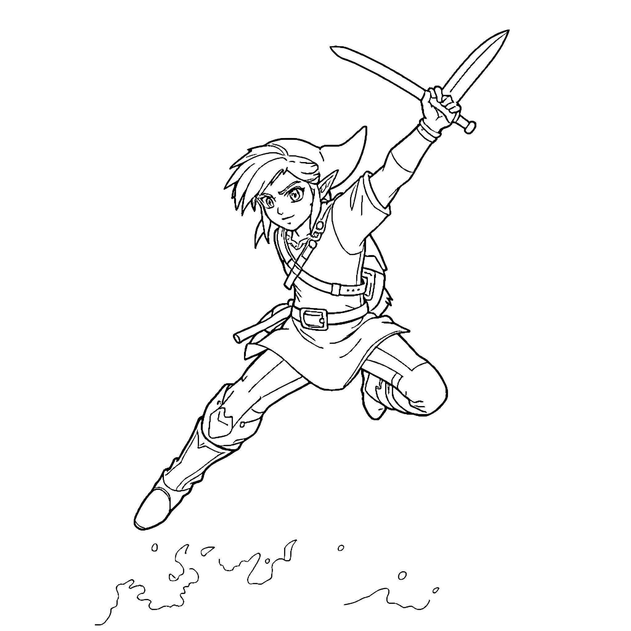 Link brandishing sword in adventurous stance Coloring Page (free black-and-white line drawing printable PDF for all, from beginners to advanced learners, including children, teens, adults, and seniors)