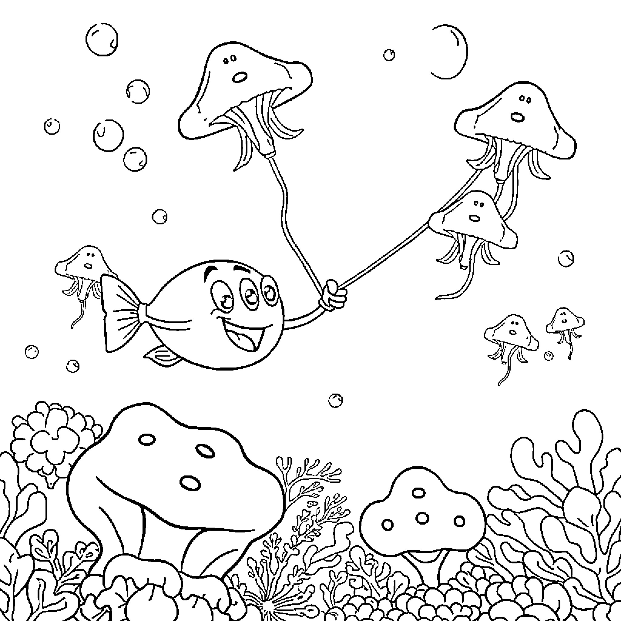 Bob esponja playing with underwater creatures in the ocean Coloring Page (free black-and-white line drawing printable PDF for all, from beginners to advanced learners, including children, teens, adults, and seniors)