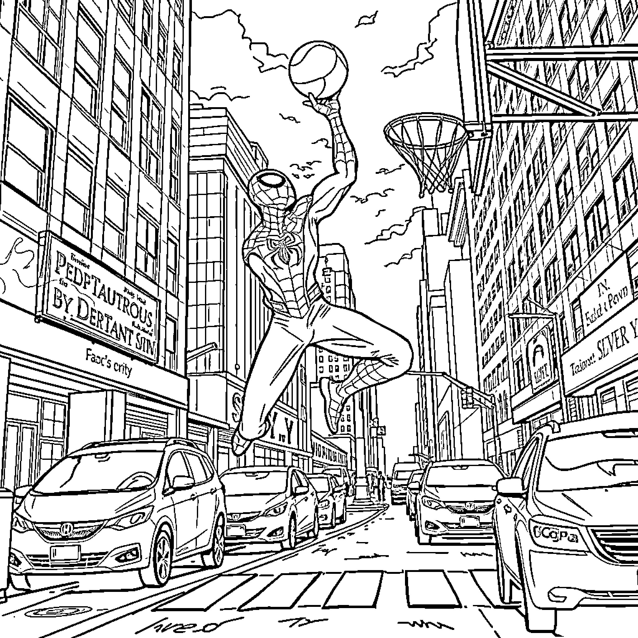 Spiderman swinging through the city streets Coloring Page (free black-and-white line drawing printable PDF for all, from beginners to advanced learners, including children, teens, adults, and seniors)