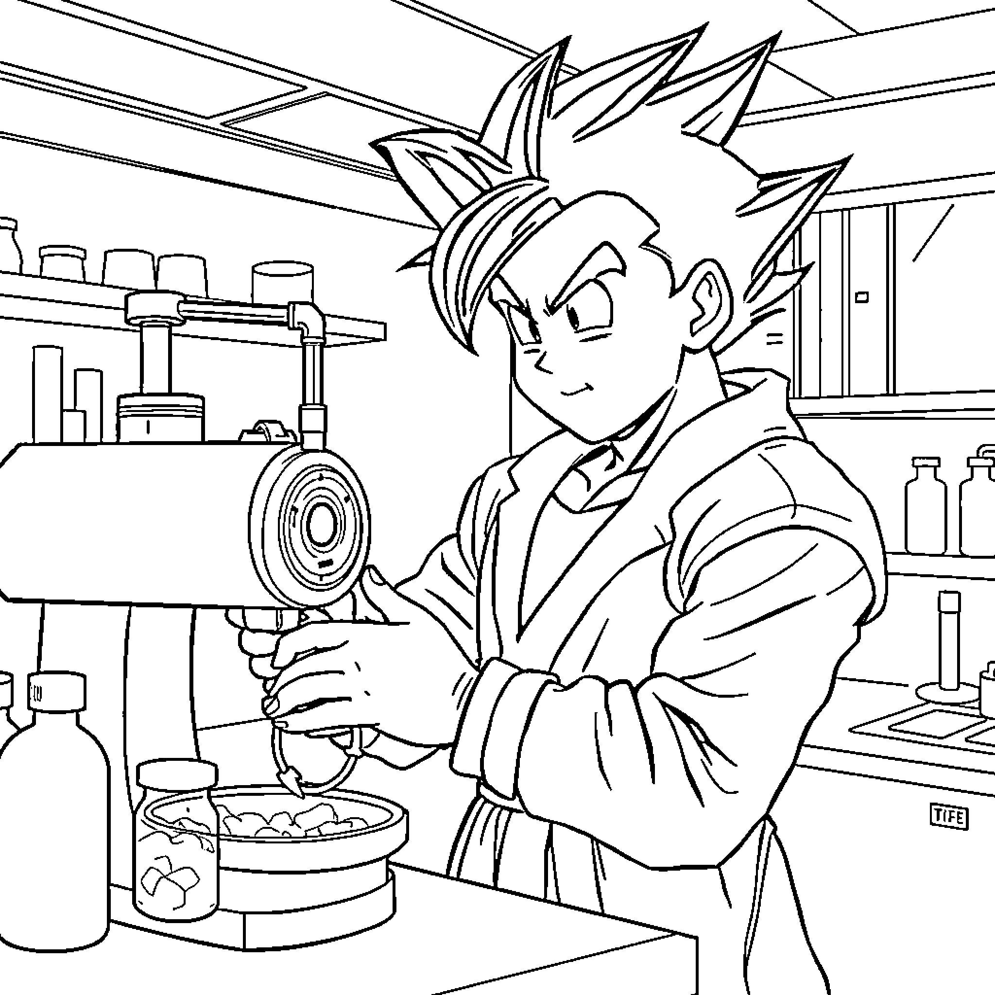 Gohan working in a scientific laboratory Coloring Page (free black-and-white line drawing printable PDF for all, from beginners to advanced learners, including children, teens, adults, and seniors)