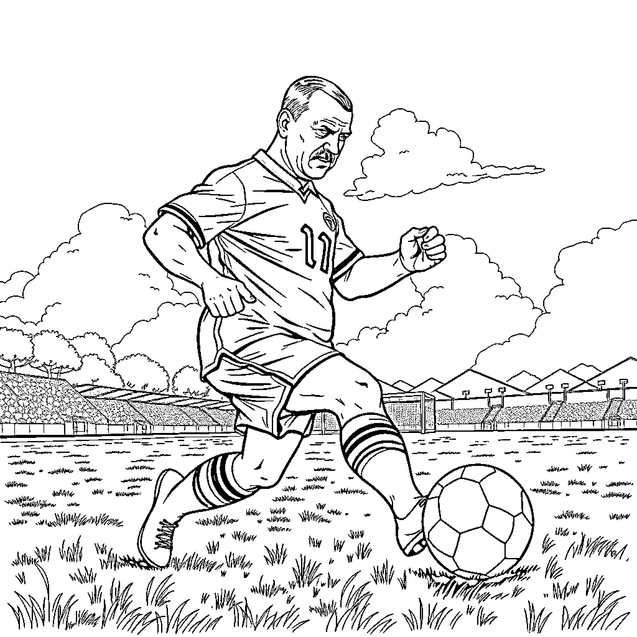 Adolf Hitler playing football in a stadium Coloring Page (free black-and-white line drawing printable PDF for all, from beginners to advanced learners, including children, teens, adults, and seniors)