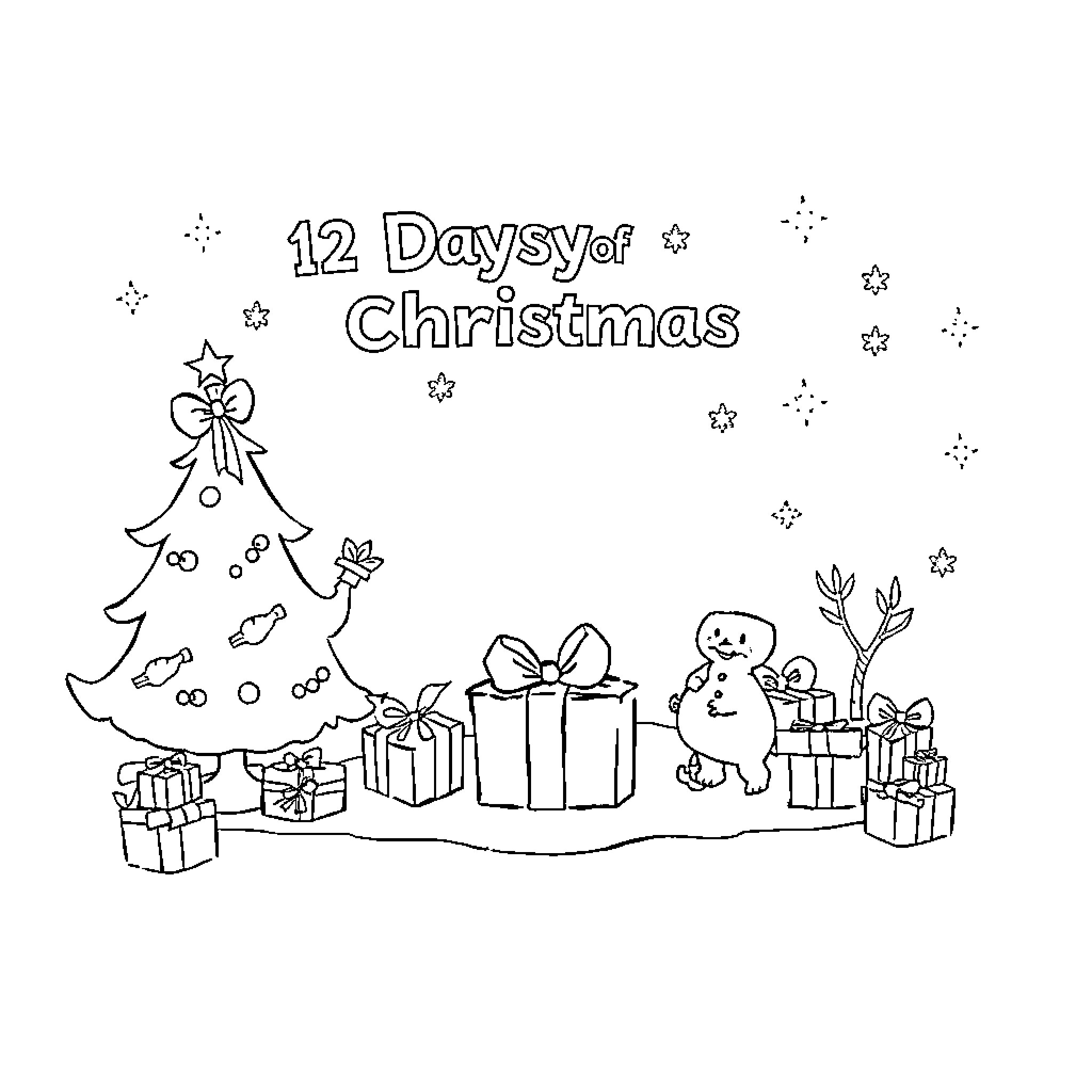 Christmas holiday cheer with gifts and decorations Coloring Page (free black-and-white line drawing printable PDF for all, from beginners to advanced learners, including children, teens, adults, and seniors)