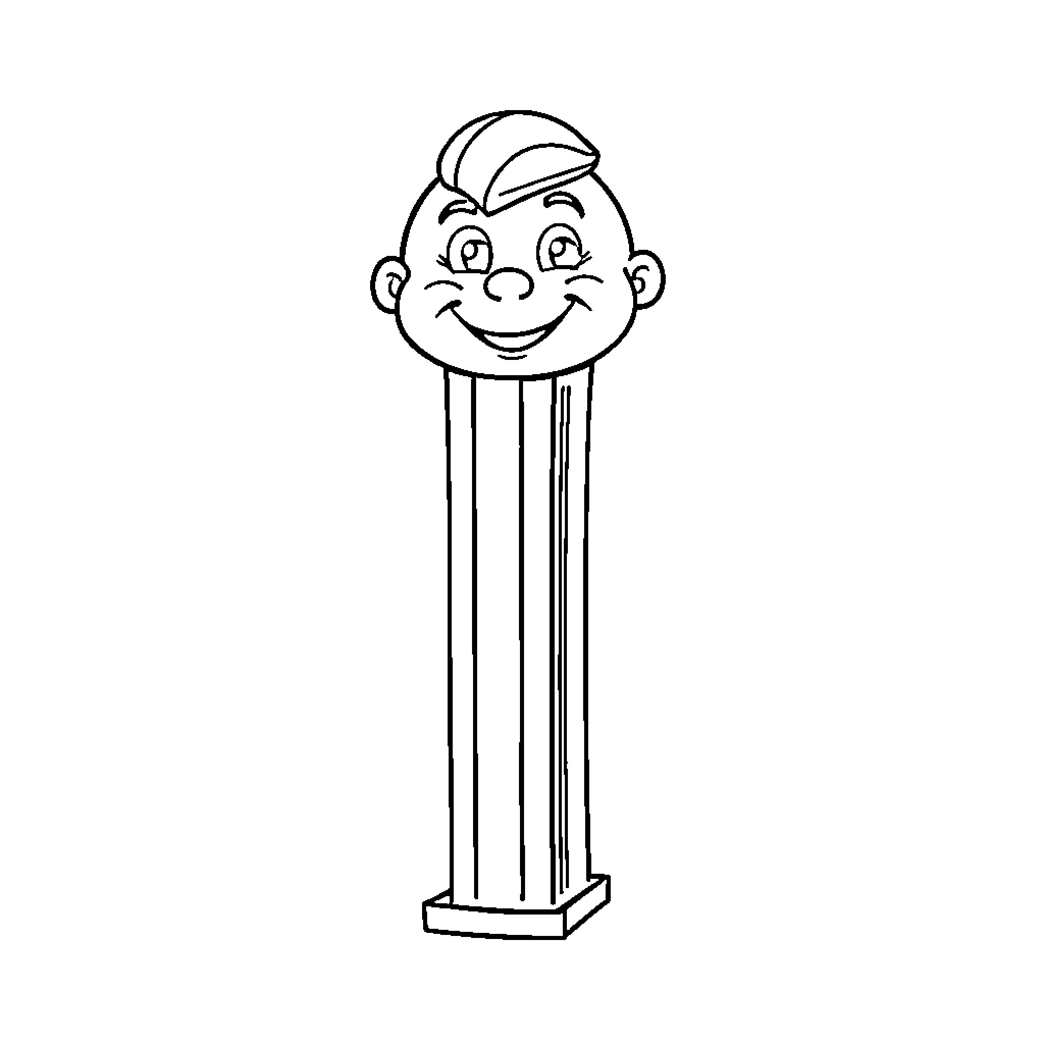 Pez character on dispenser with happy expression Coloring Page (free black-and-white line drawing printable PDF for all, from beginners to advanced learners, including children, teens, adults, and seniors)