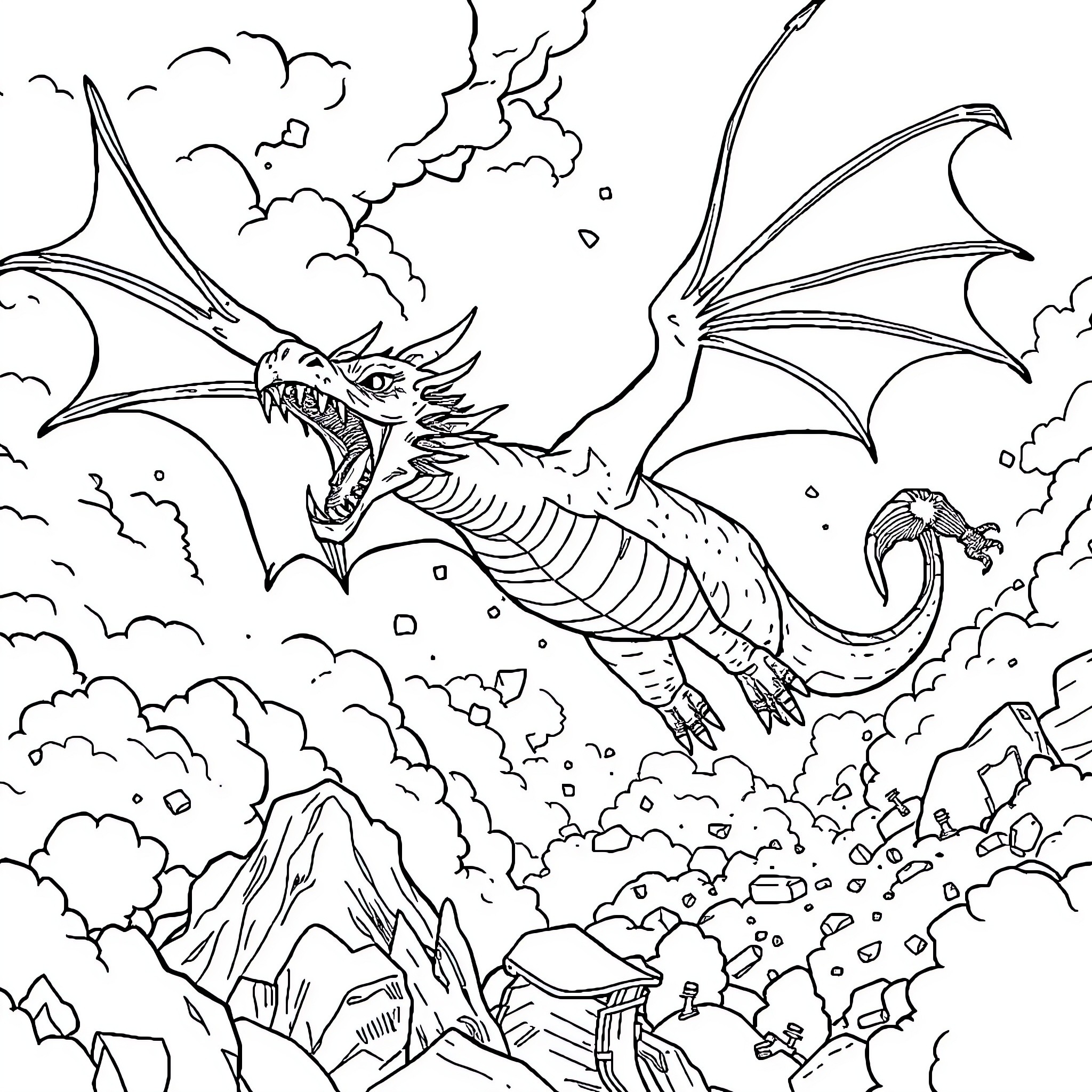 Chase of the Fierce Dragon through the Cloudy Skies Coloring Page (free black-and-white line drawing printable PDF for all, from beginners to advanced learners, including children, teens, adults, and seniors)