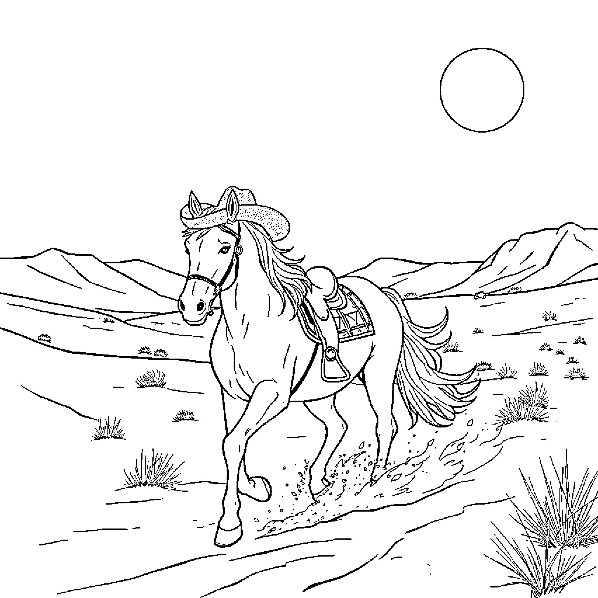 Horse running through the desert landscape Coloring Page (free black-and-white line drawing printable PDF for all, from beginners to advanced learners, including children, teens, adults, and seniors)
