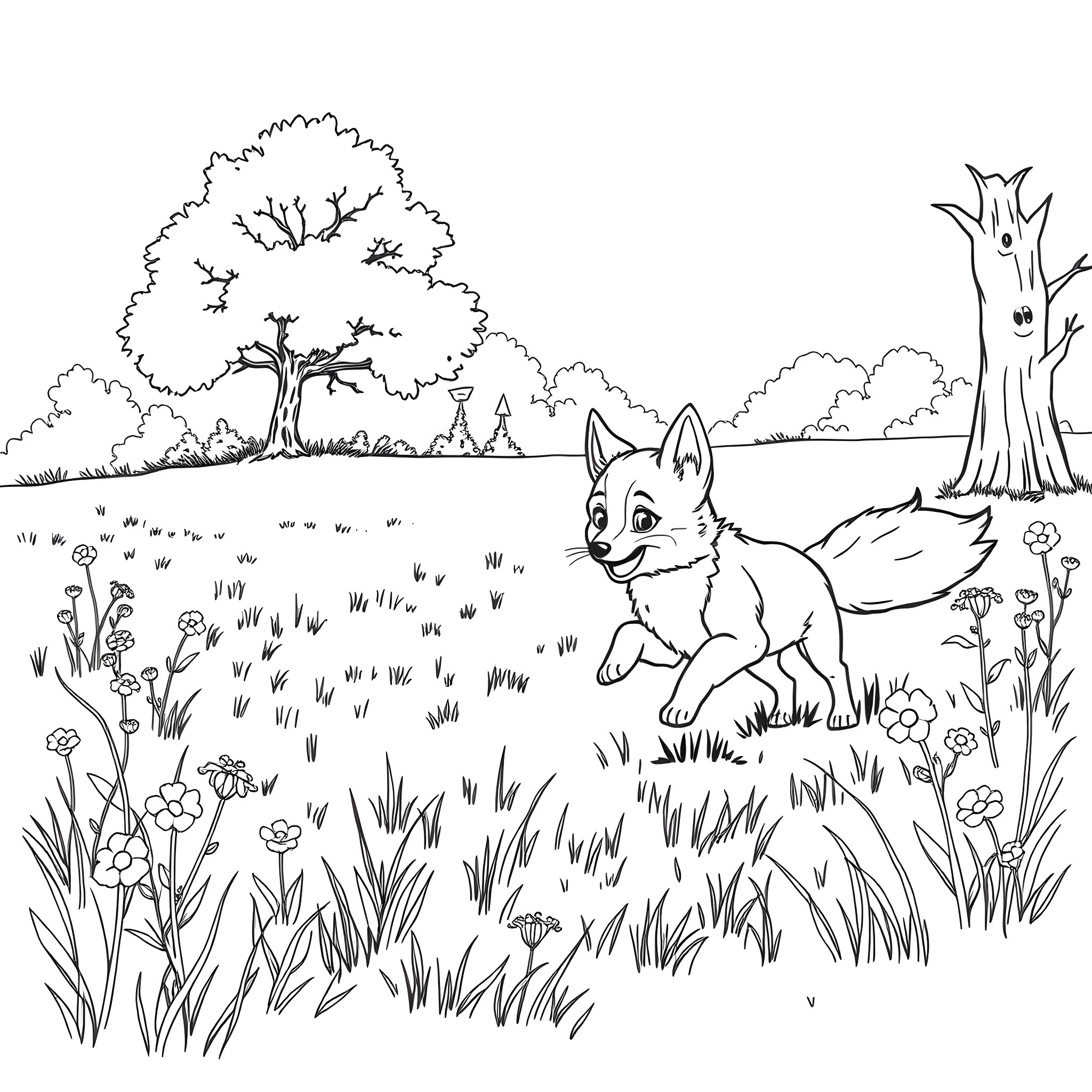 Puppy exploring the enchanting forest landscape Coloring Page (free black-and-white line drawing printable PDF for all, from beginners to advanced learners, including children, teens, adults, and seniors)