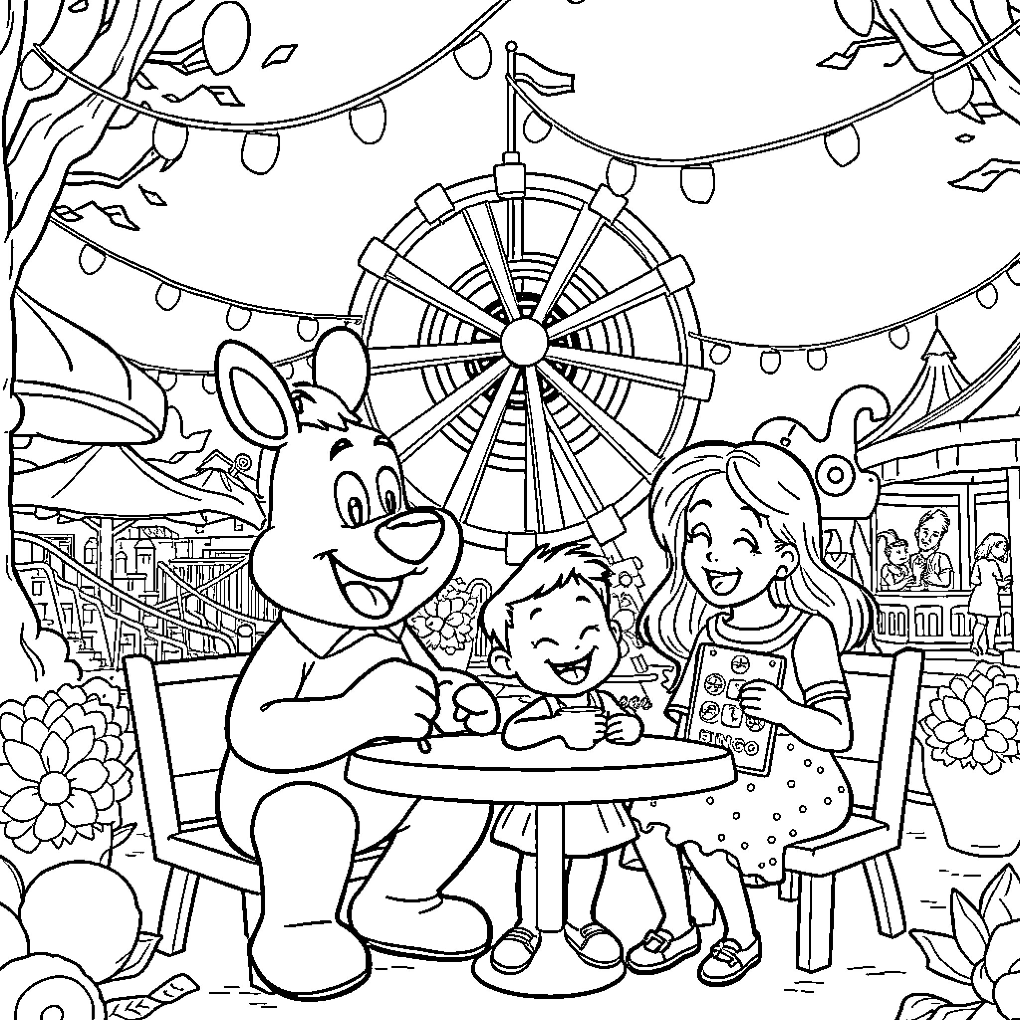 Bluey enjoying the carnival with friends Coloring Page (free black-and-white line drawing printable PDF for all, from beginners to advanced learners, including children, teens, adults, and seniors)