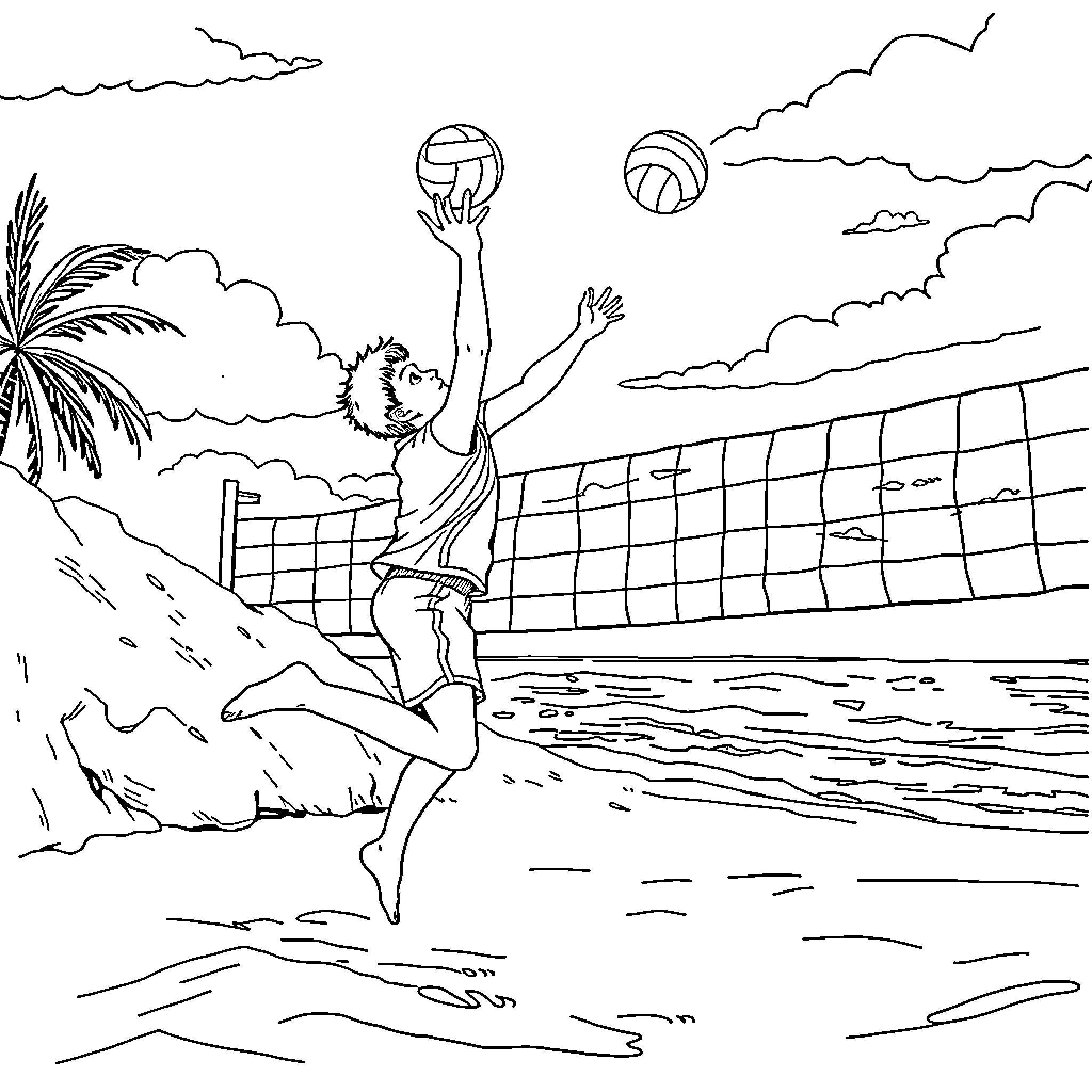 Lamin Yamal playing beach volleyball amid tropical scenery Coloring Page (free black-and-white line drawing printable PDF for all, from beginners to advanced learners, including children, teens, adults, and seniors)