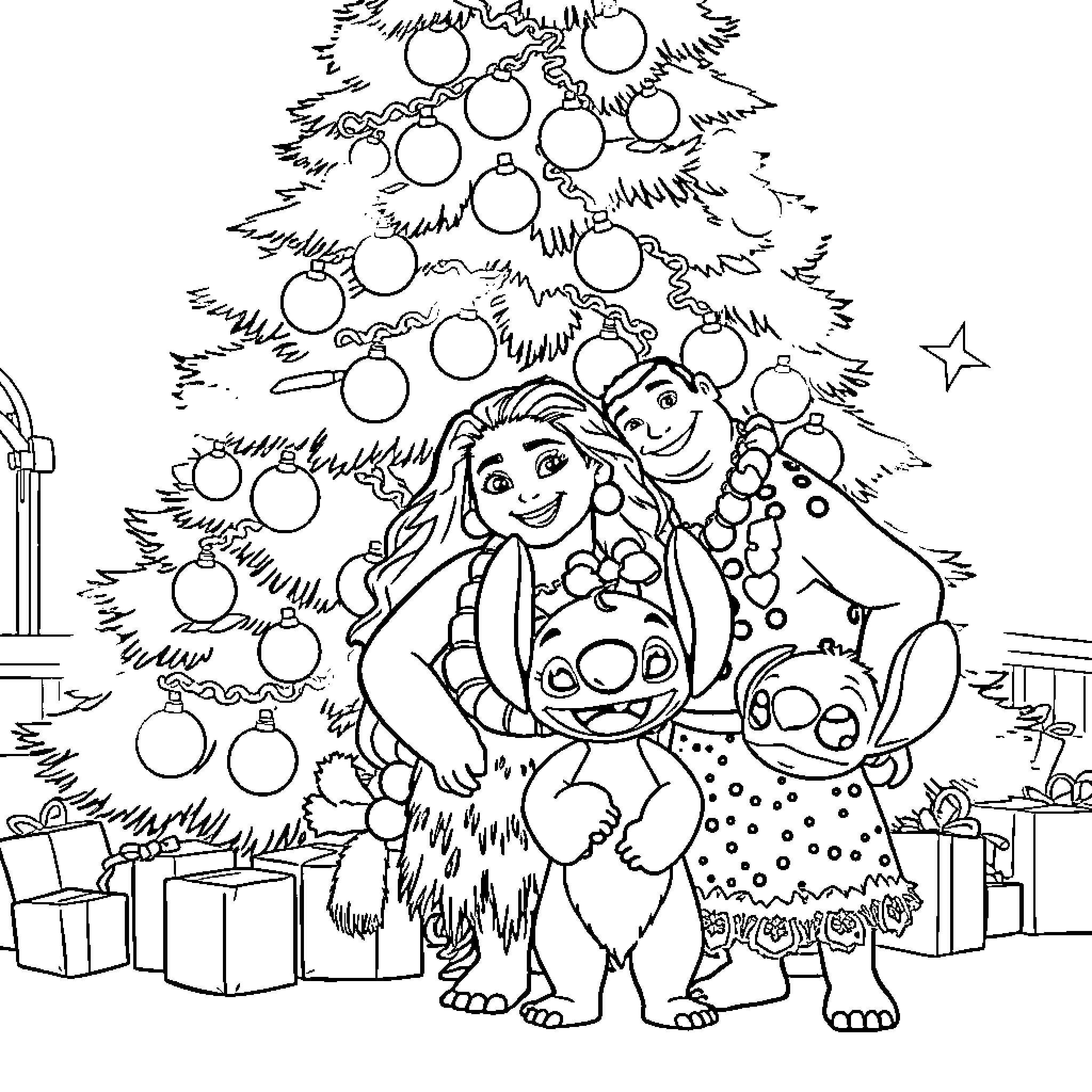 Moana and Stitch Decorating Christmas Tree Coloring Page (free black-and-white line drawing printable PDF for all, from beginners to advanced learners, including children, teens, adults, and seniors)