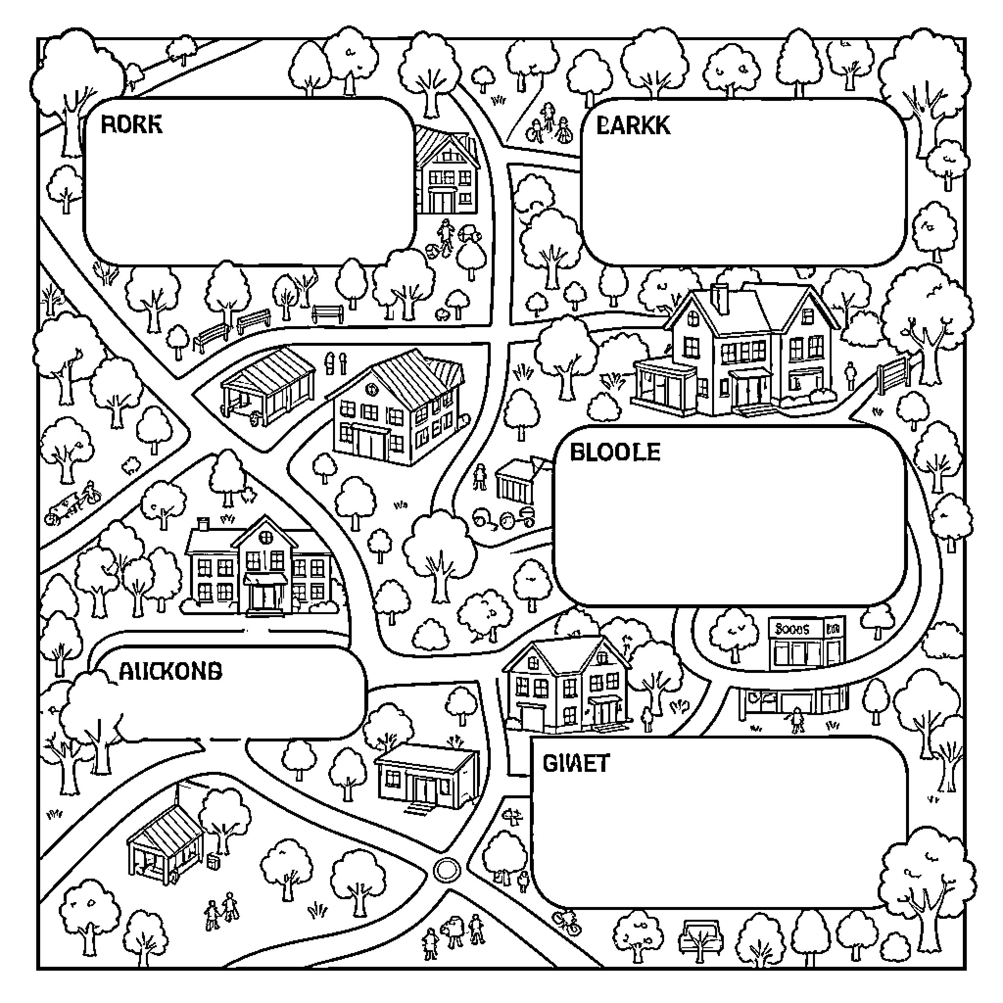 Map of a residential neighborhood with houses and trees Coloring Page (free black-and-white line drawing printable PDF for all, from beginners to advanced learners, including children, teens, adults, and seniors)