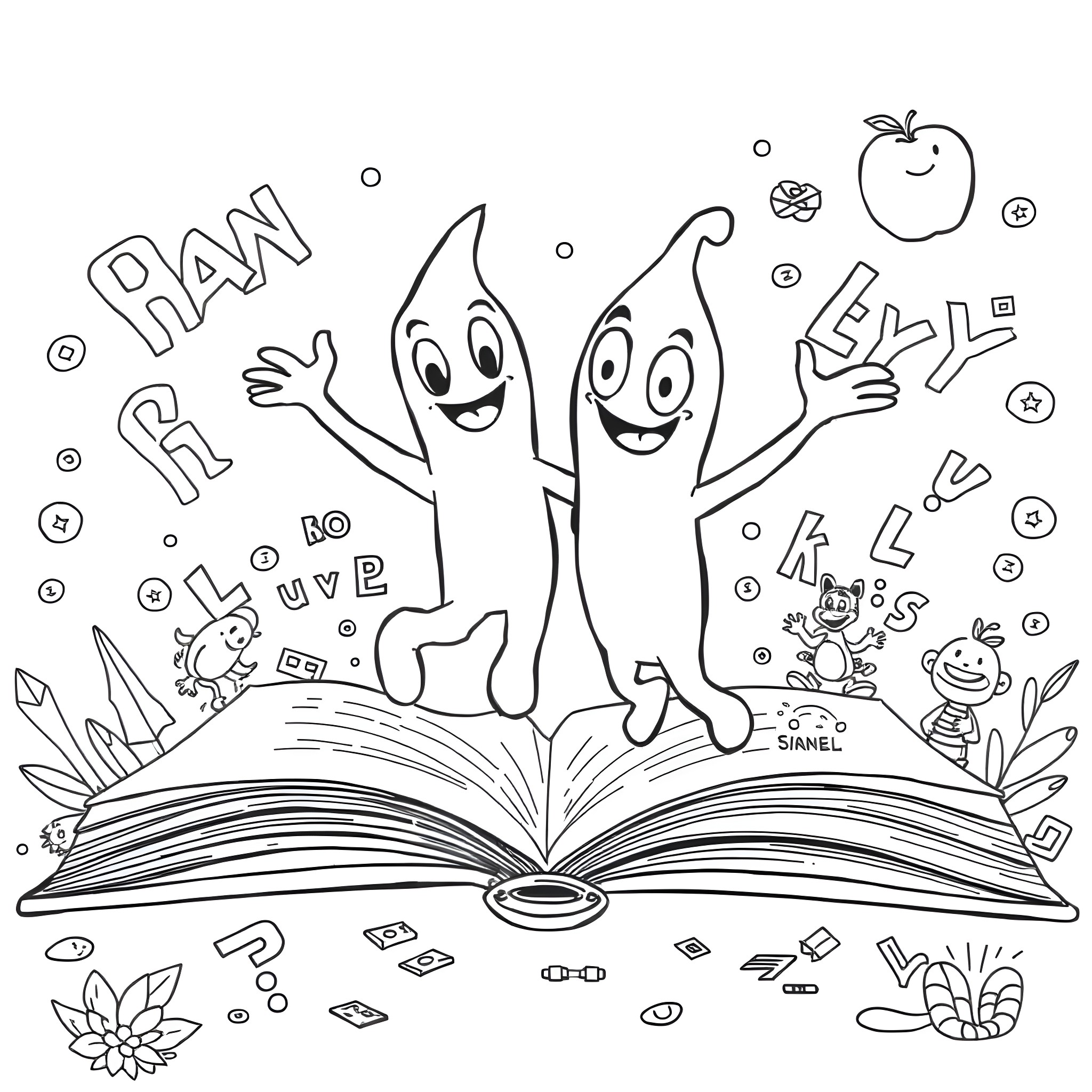 Gumby characters come alive from an open storybook Coloring Page (free black-and-white line drawing printable PDF for all, from beginners to advanced learners, including children, teens, adults, and seniors)