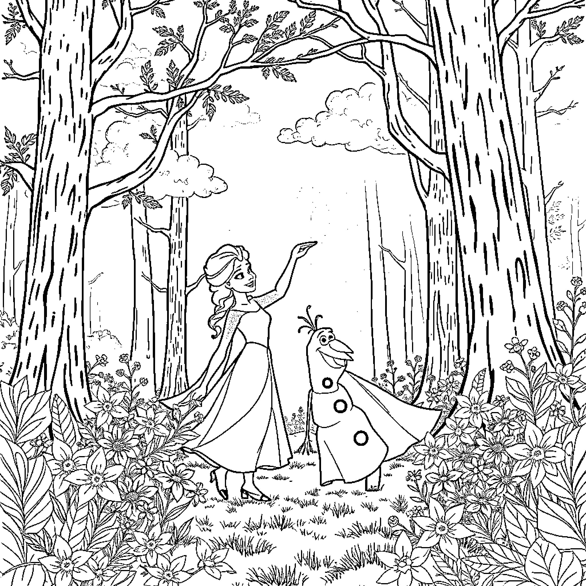 Elsa and Olaf exploring the enchanted forest Coloring Page (free black-and-white line drawing printable PDF for all, from beginners to advanced learners, including children, teens, adults, and seniors)