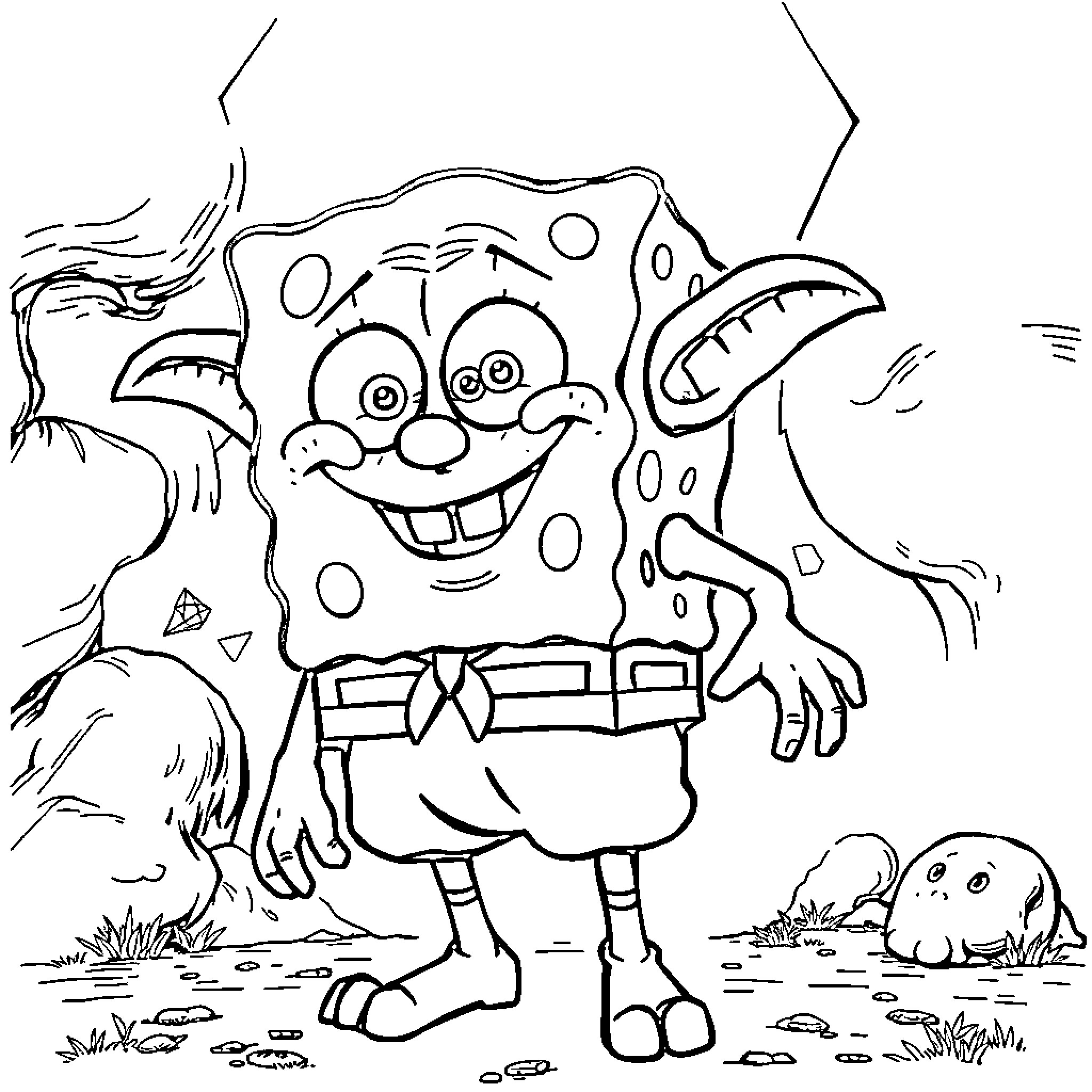 Gollum-like character's energetic expression and playful posture Coloring Page (free black-and-white line drawing printable PDF for all, from beginners to advanced learners, including children, teens, adults, and seniors)