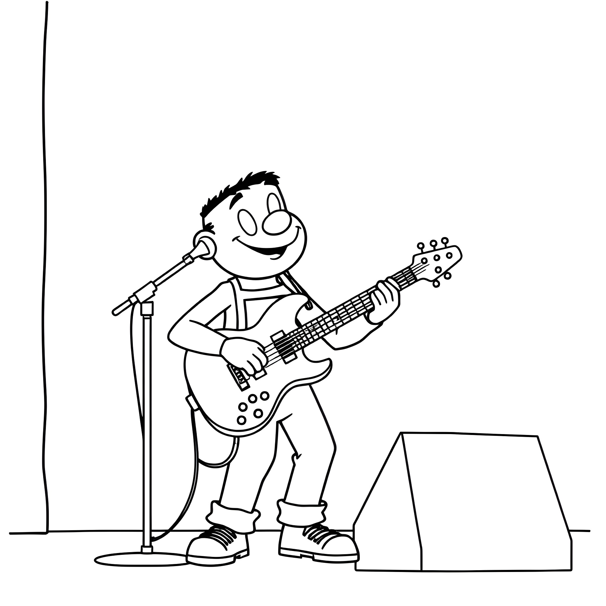Dookie character playing guitar on stage Coloring Page (free black-and-white line drawing printable PDF for all, from beginners to advanced learners, including children, teens, adults, and seniors)